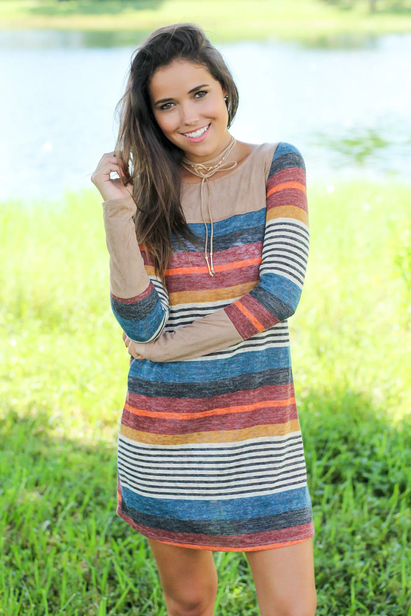 Multi Colored Striped Short Dress with Suede Detail