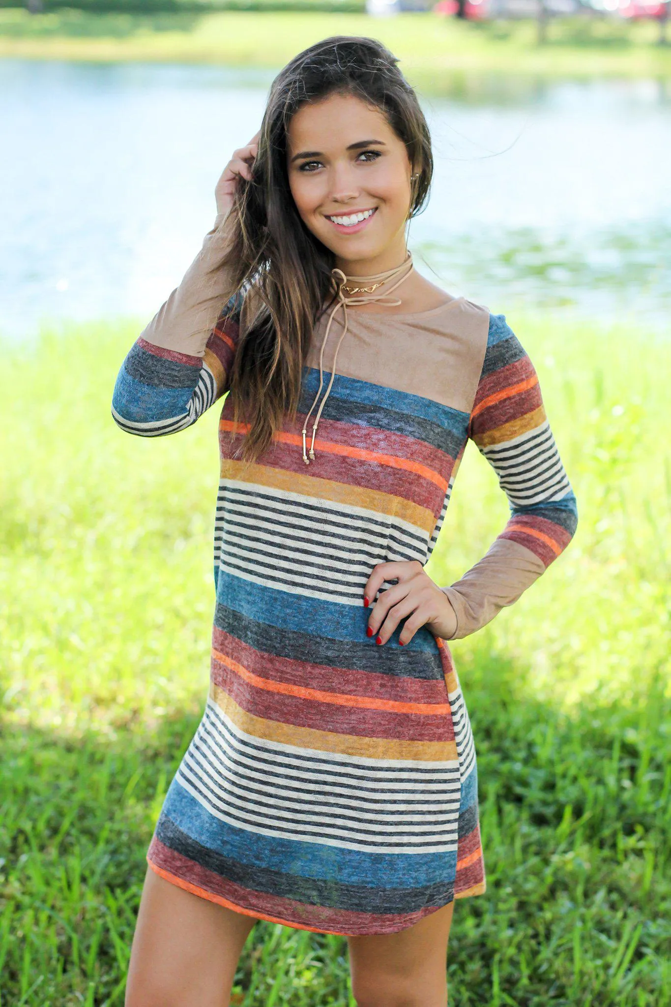 Multi Colored Striped Short Dress with Suede Detail