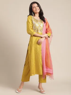 Mustard Gota Patti Embroidery Kurta Trouser Set With Silk Dupatta