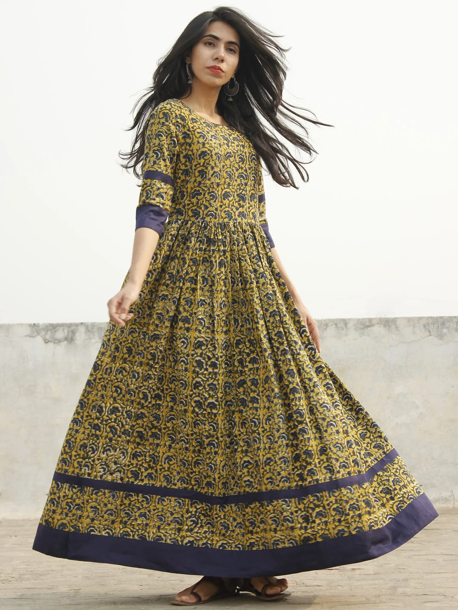 Mustard Yellow Indigo Green Ivory Long Hand Block Cotton Dress With Back Details  - D137F994