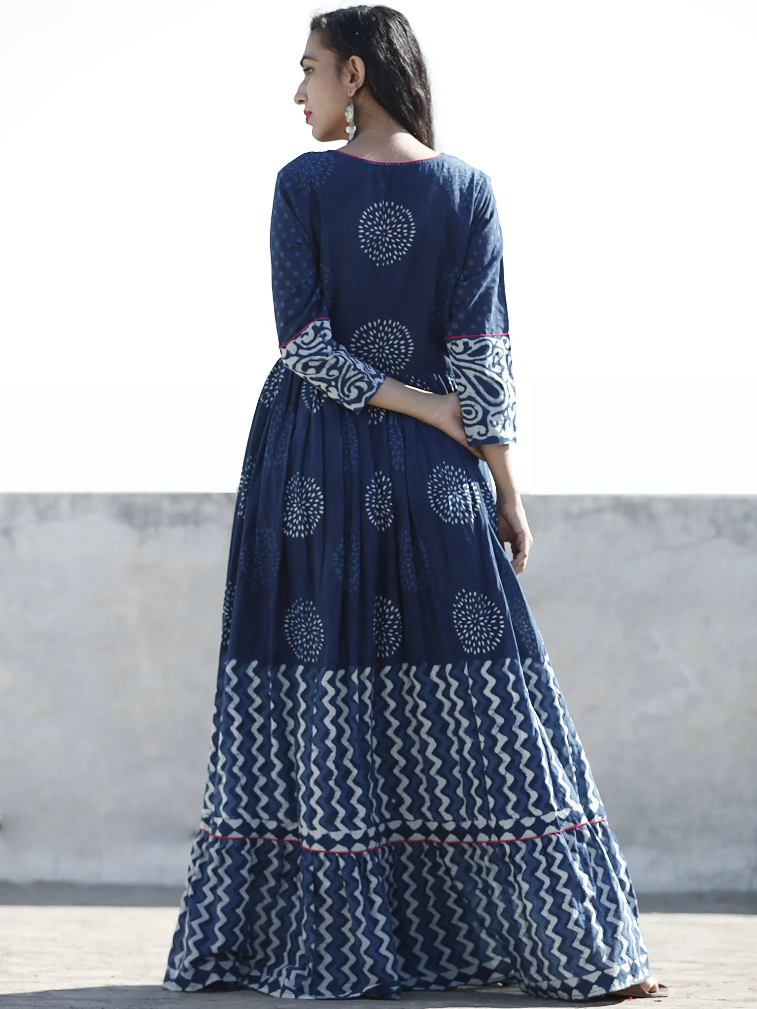 Naaz Indigo White Hand Blocked Cotton Long Dress With Highlighted Neck - DS46F001
