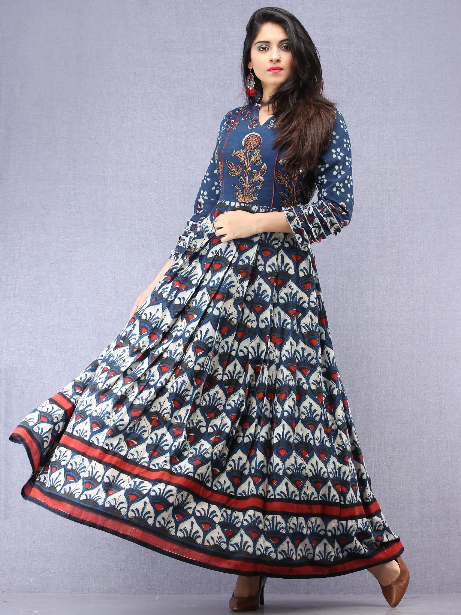 Naaz Mawara - Hand Block Printed & Embroidered Long Cotton Box Pleated Dress - DS96F001