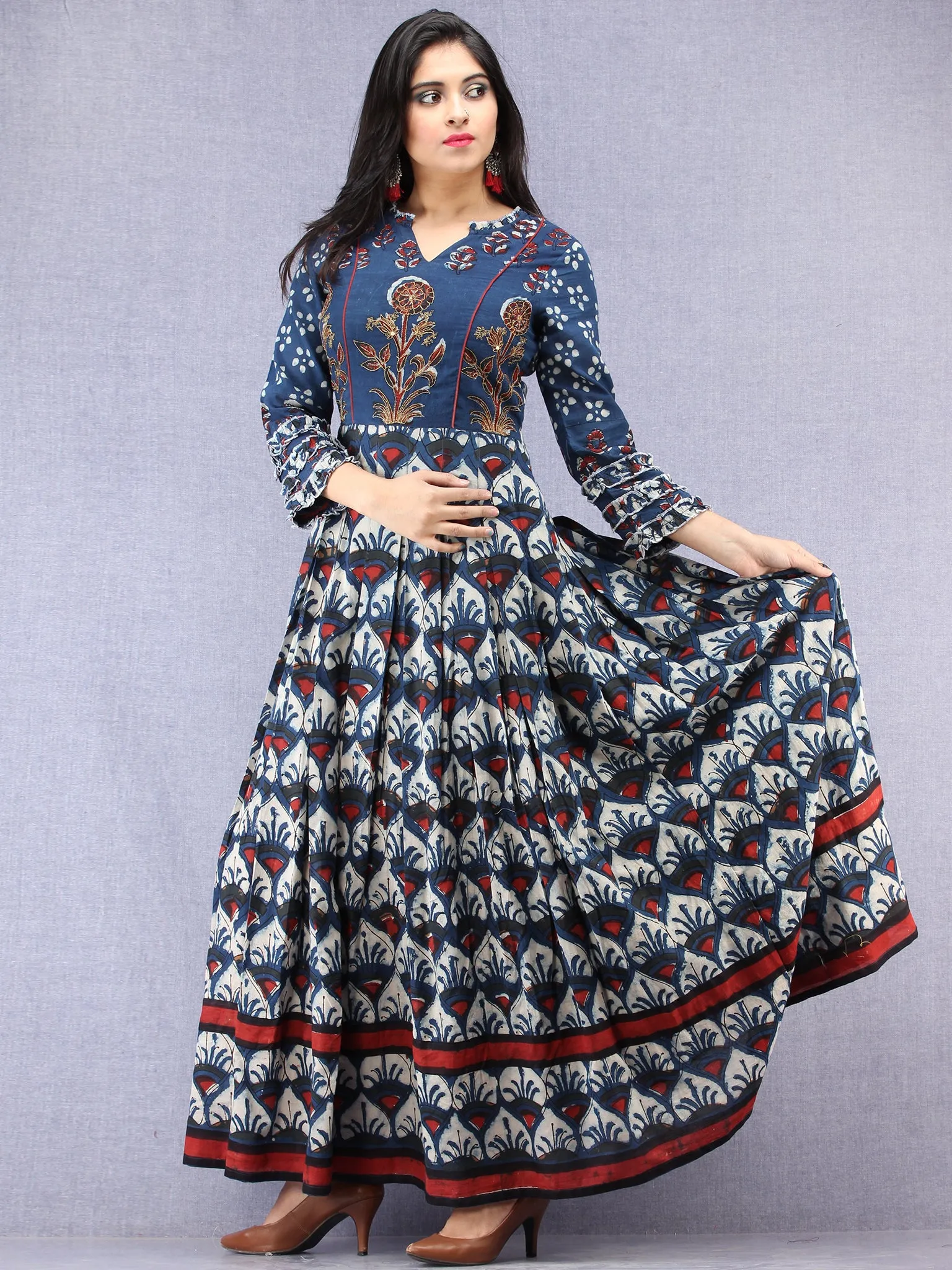 Naaz Mawara - Hand Block Printed & Embroidered Long Cotton Box Pleated Dress - DS96F001