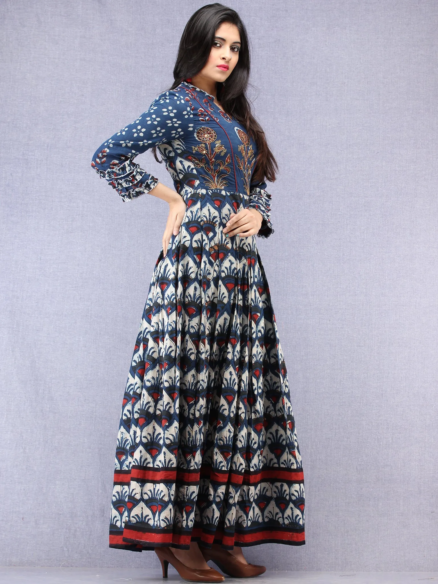 Naaz Mawara - Hand Block Printed & Embroidered Long Cotton Box Pleated Dress - DS96F001