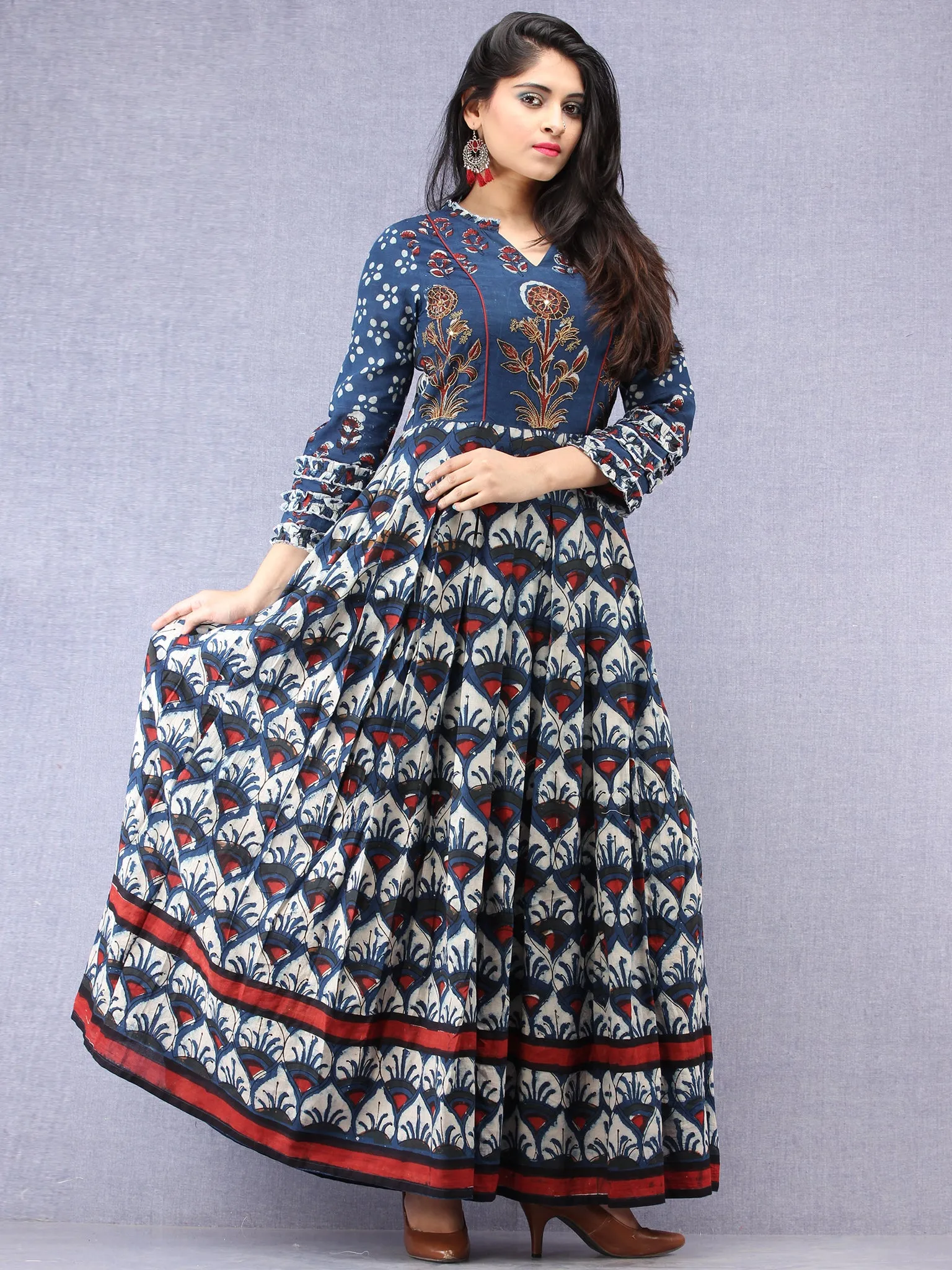 Naaz Mawara - Hand Block Printed & Embroidered Long Cotton Box Pleated Dress - DS96F001