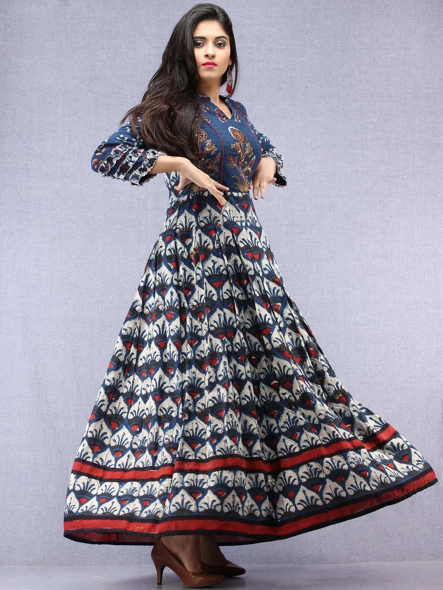 Naaz Mawara - Hand Block Printed & Embroidered Long Cotton Box Pleated Dress - DS96F001