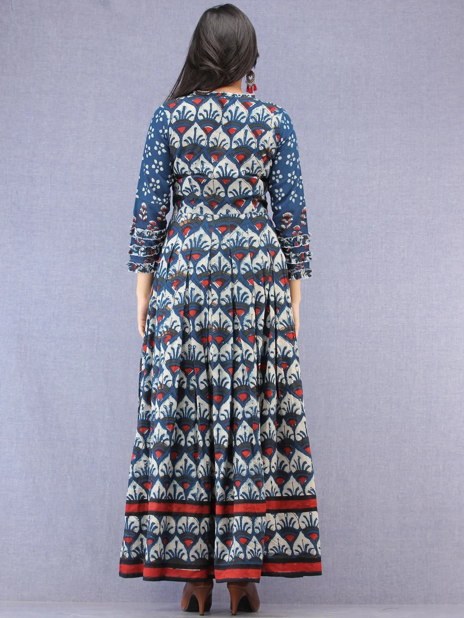 Naaz Mawara - Hand Block Printed & Embroidered Long Cotton Box Pleated Dress - DS96F001