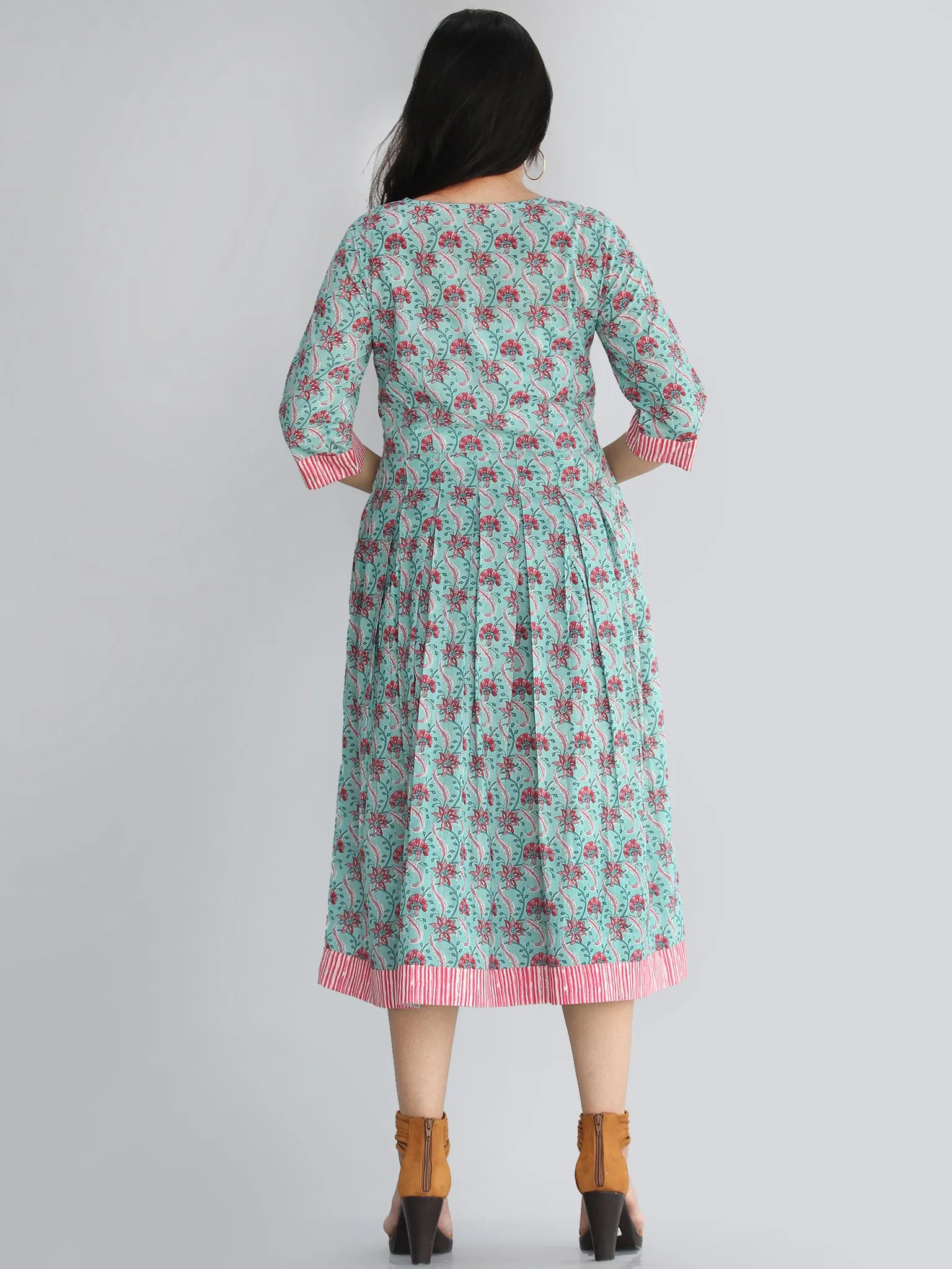 Nadima - Hand Block Printed Cotton Midi Dress with Side Pockets - D71F2013