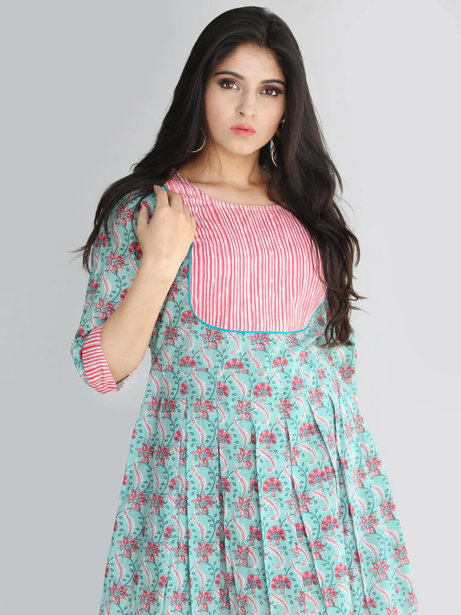 Nadima - Hand Block Printed Cotton Midi Dress with Side Pockets - D71F2013