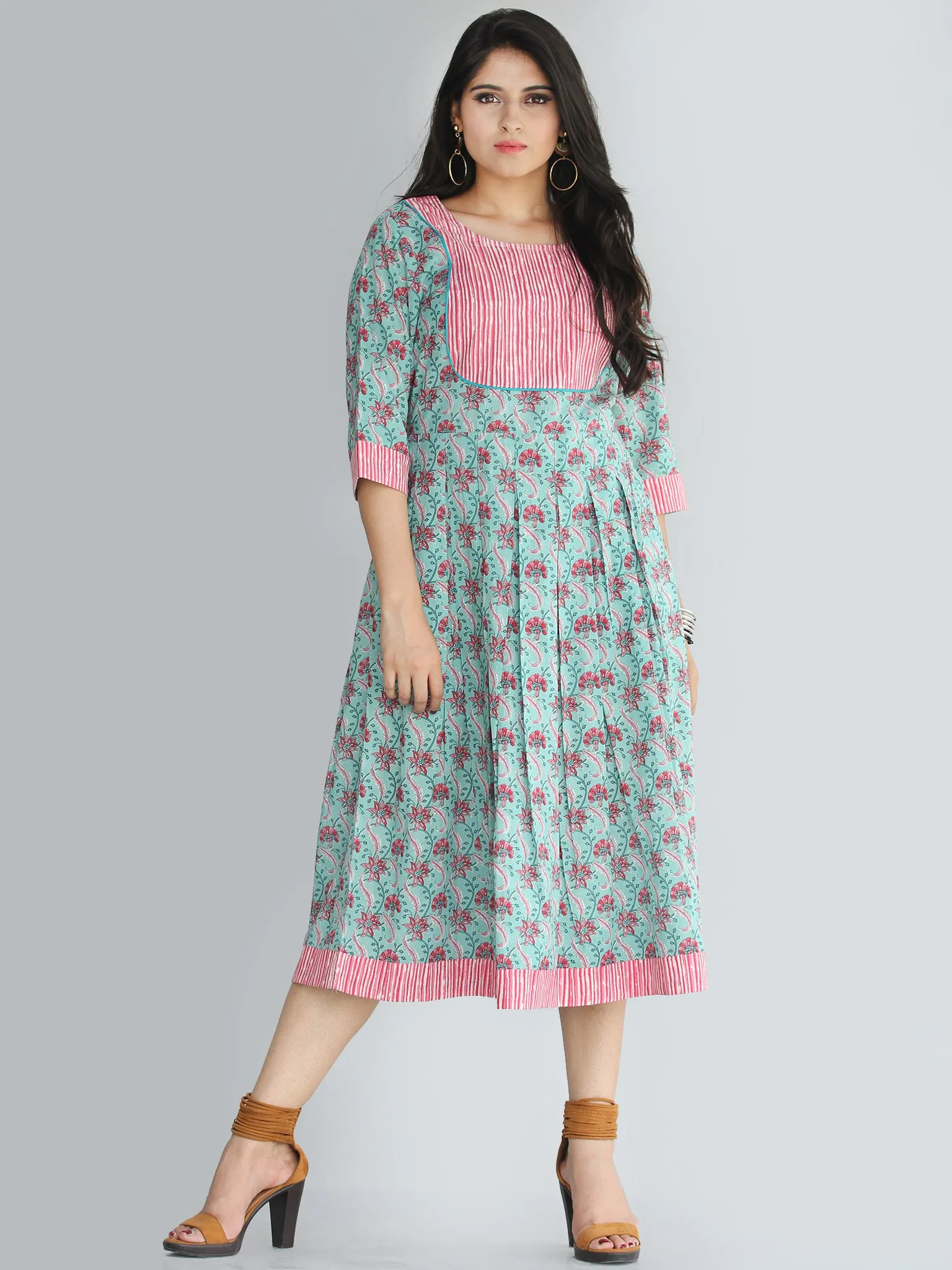 Nadima - Hand Block Printed Cotton Midi Dress with Side Pockets - D71F2013