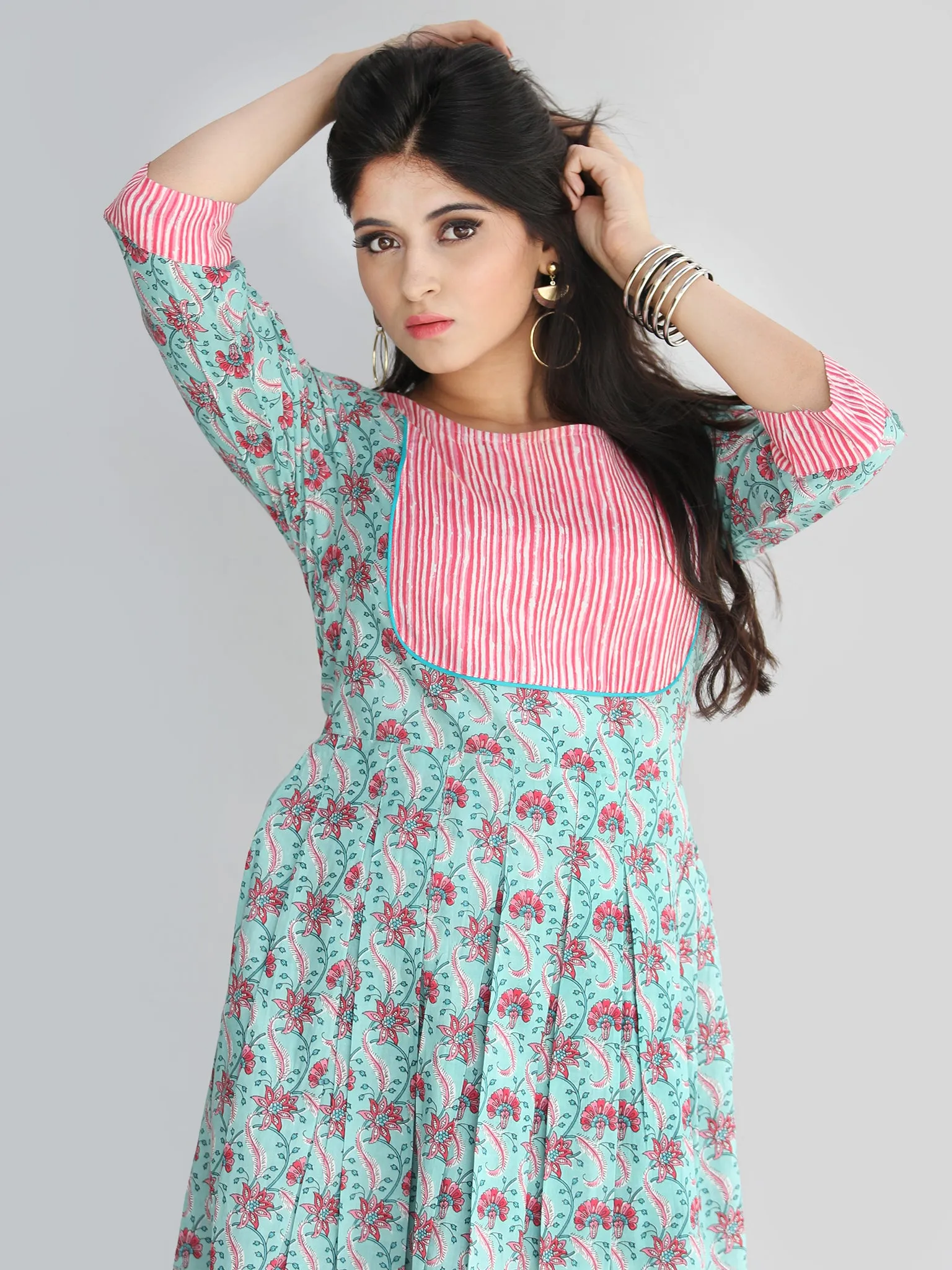 Nadima - Hand Block Printed Cotton Midi Dress with Side Pockets - D71F2013