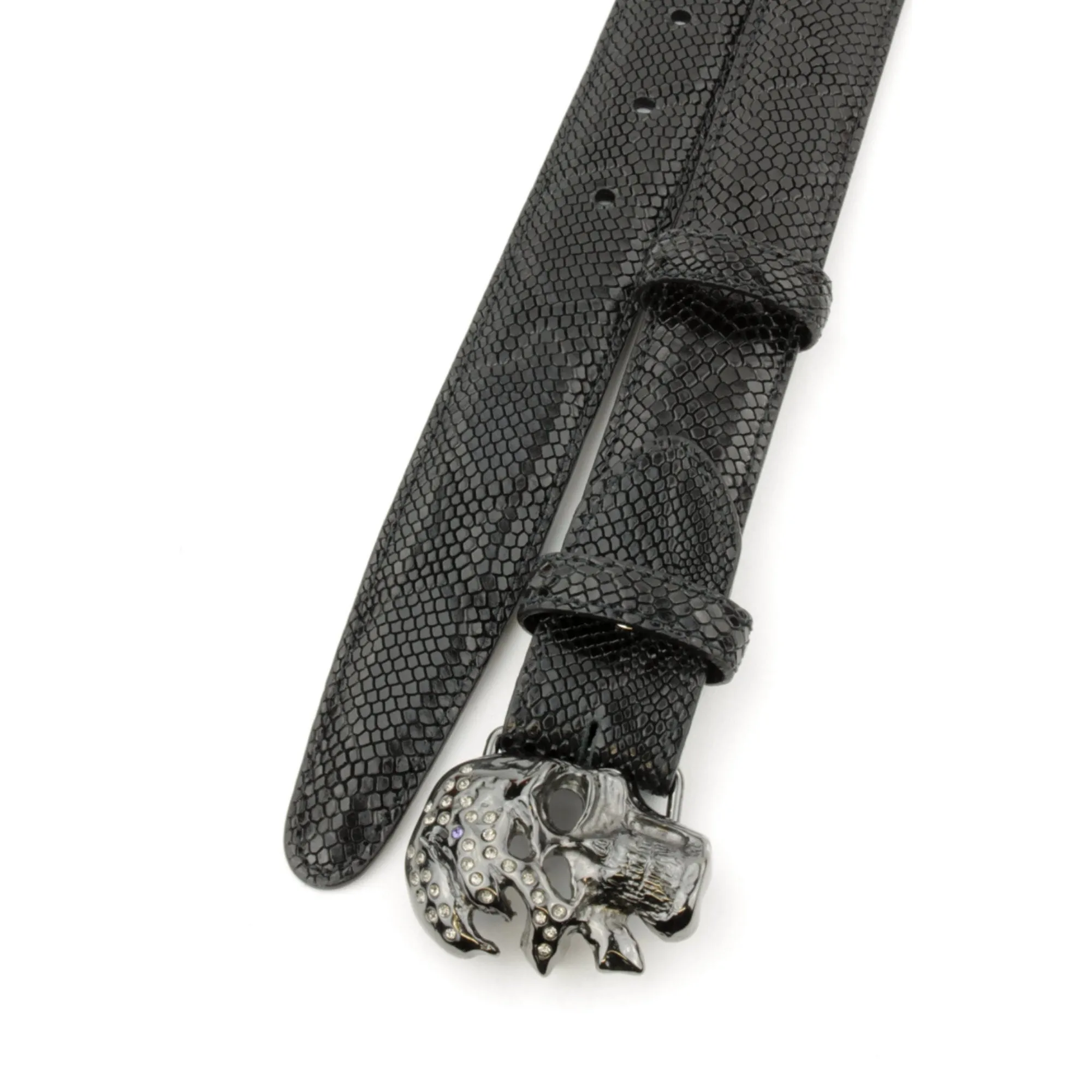 Narrow Black Mock Python Crystal Skull Belt