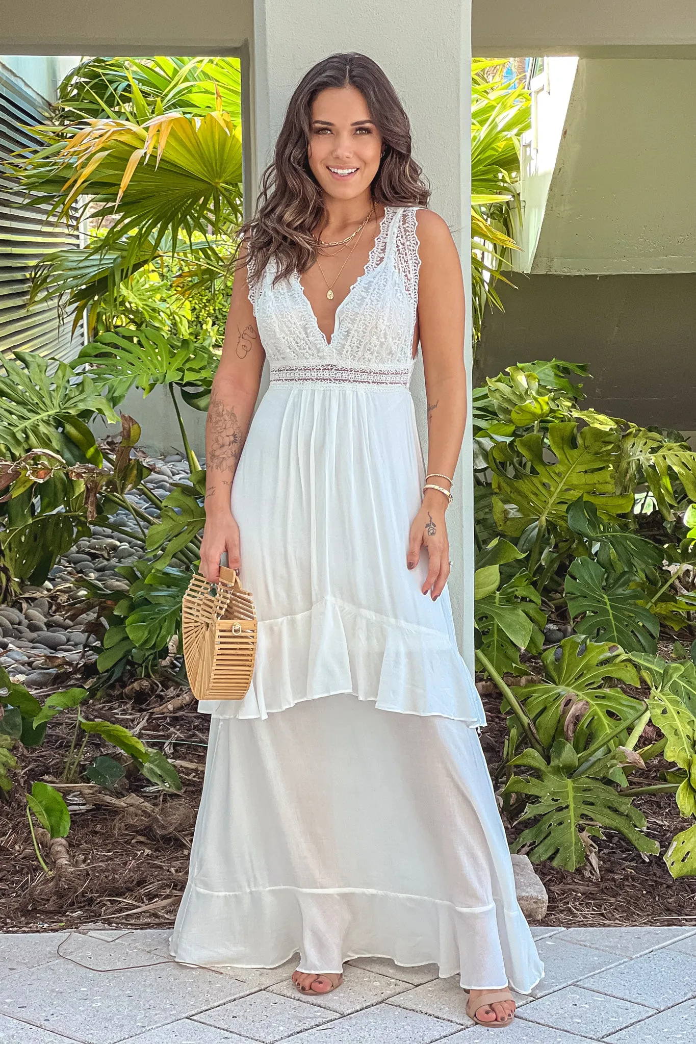 Off White Maxi Dress With Lace Top And Back Bow