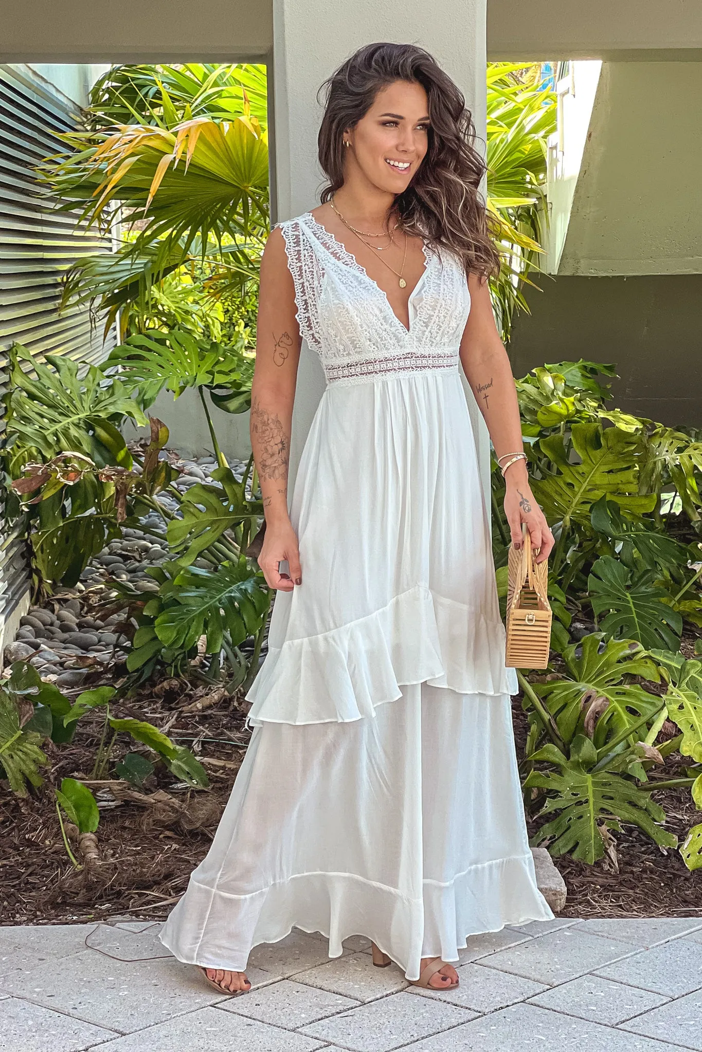 Off White Maxi Dress With Lace Top And Back Bow