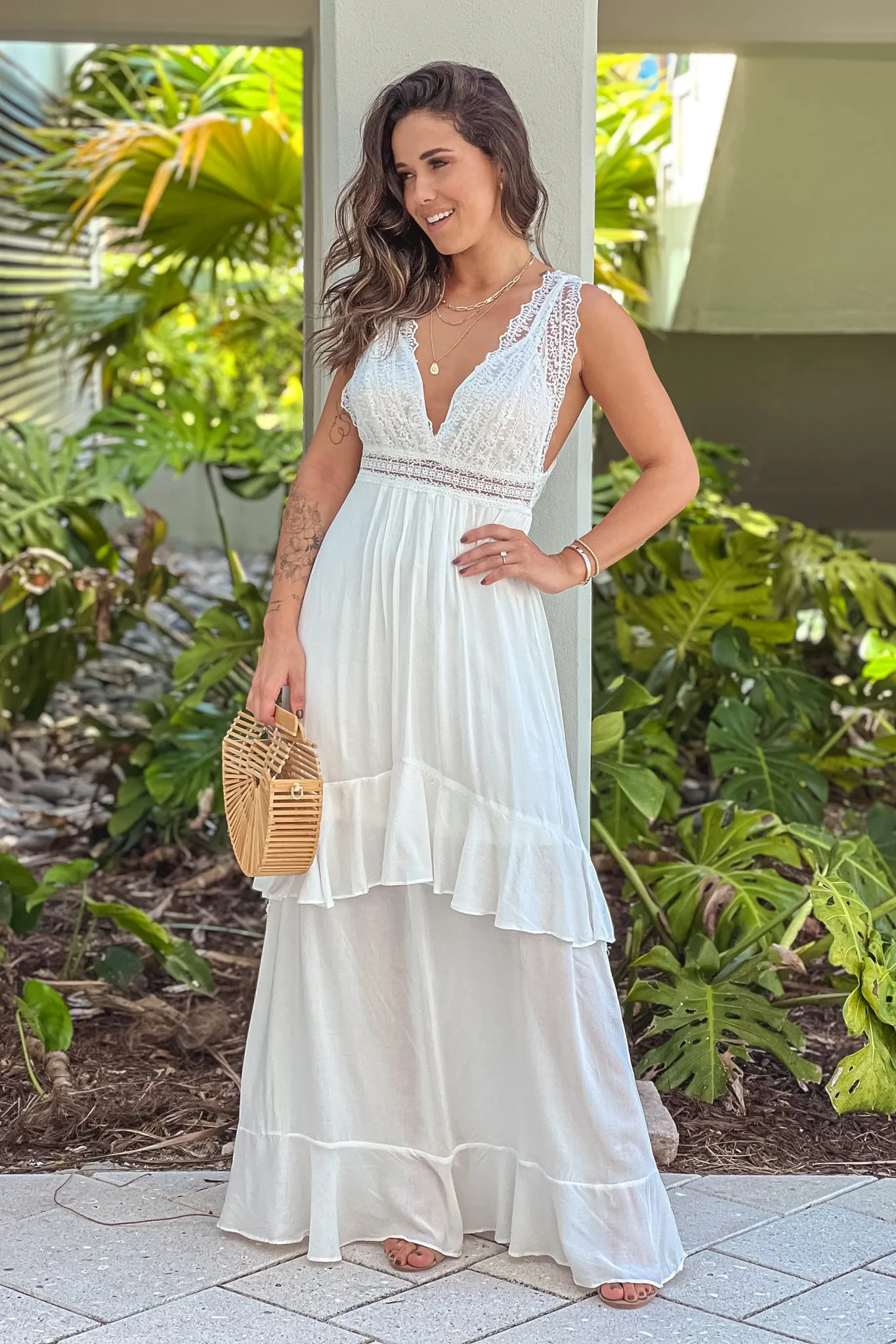 Off White Maxi Dress With Lace Top And Back Bow