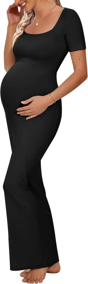 Peauty Women's Ribbed Maxi Dress Body-Hugging Fit Maternity Dress Before During After Pregnancy