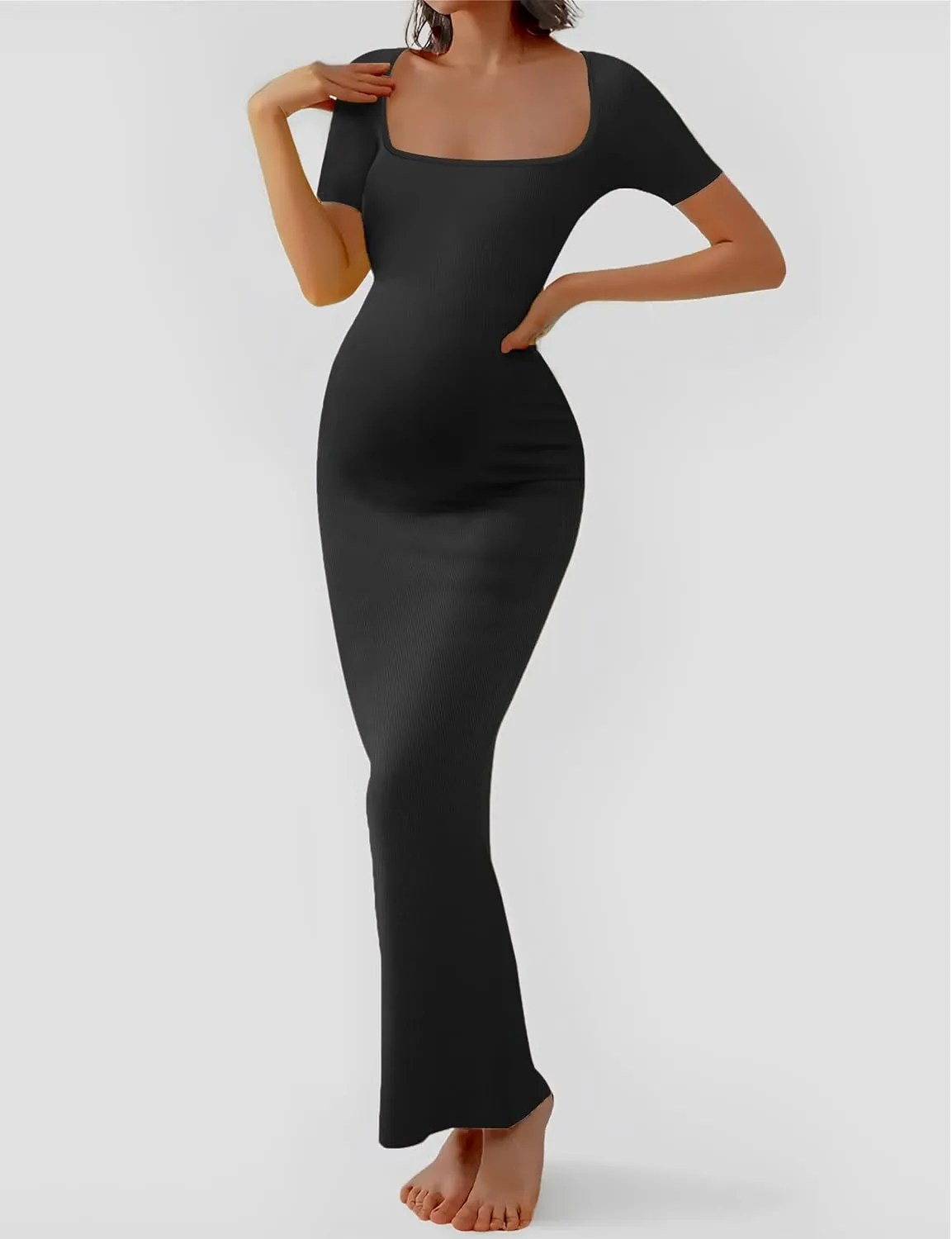 Peauty Women's Ribbed Maxi Dress Body-Hugging Fit Maternity Dress Before During After Pregnancy