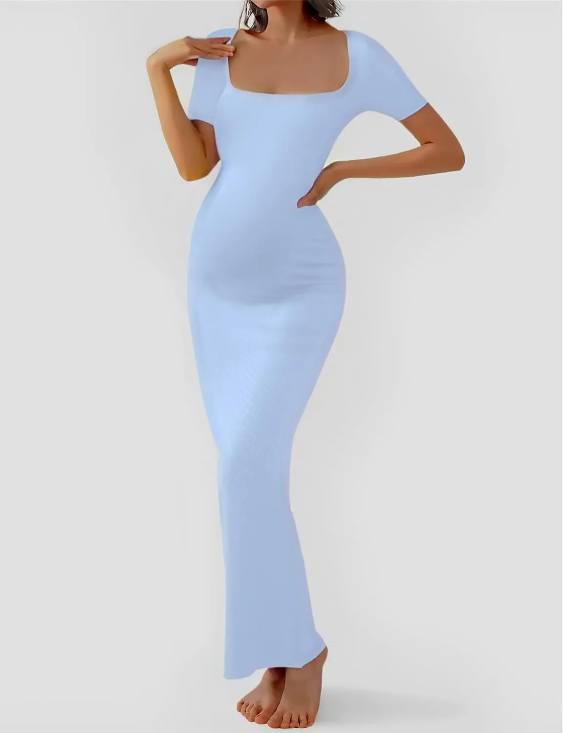Peauty Women's Ribbed Maxi Dress Body-Hugging Fit Maternity Dress Before During After Pregnancy