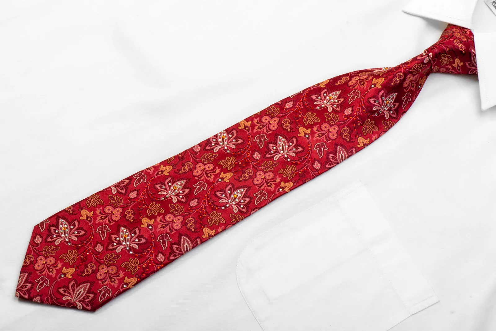 Pierre Balmain Rhinestone Silk Necktie Anthemion Floral On Burgundy