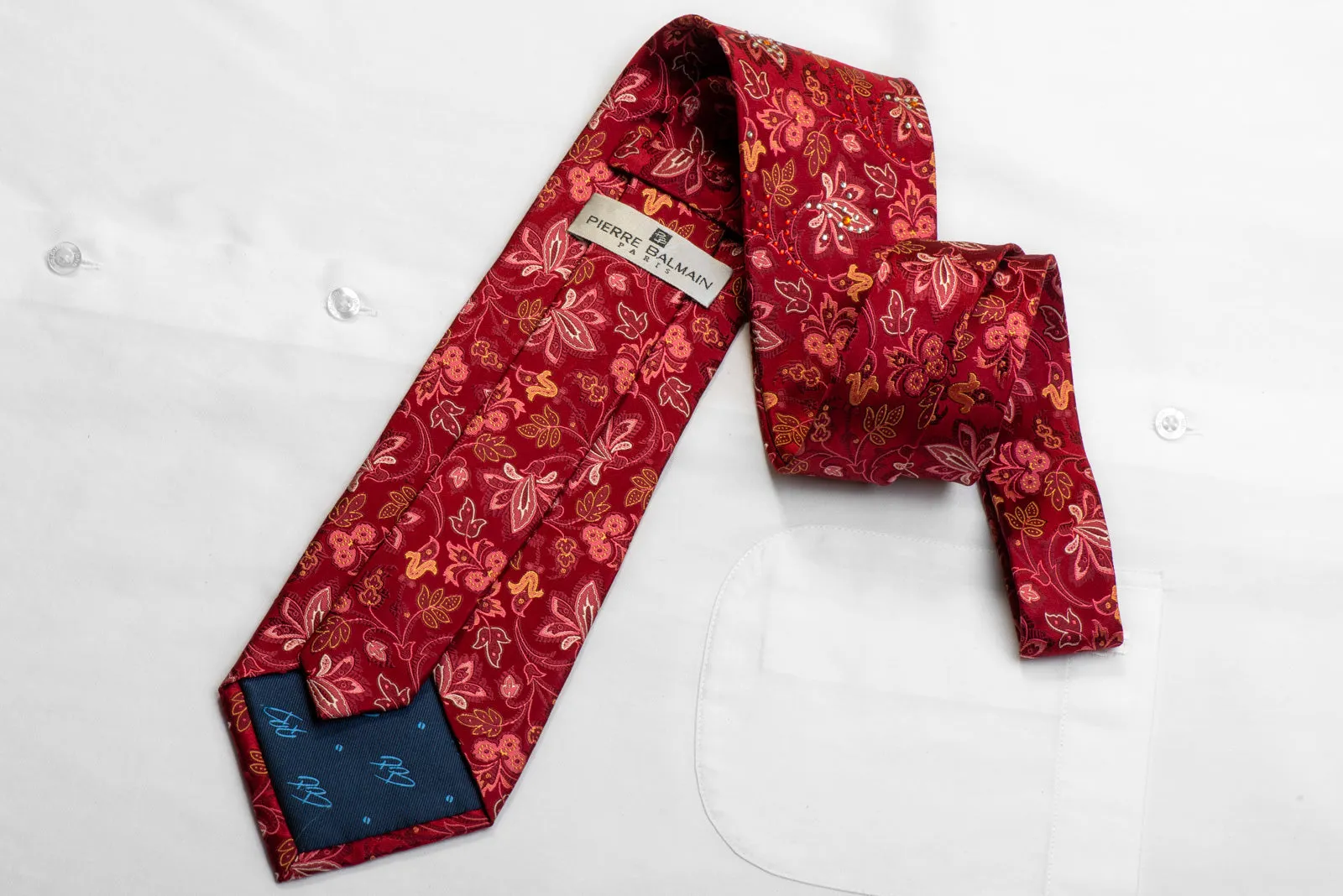 Pierre Balmain Rhinestone Silk Necktie Anthemion Floral On Burgundy