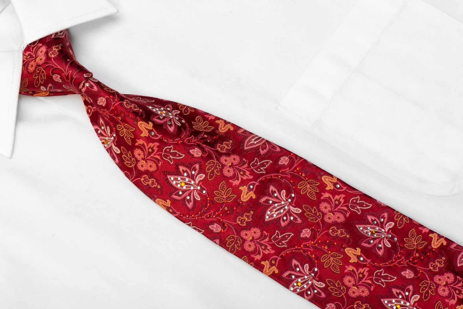 Pierre Balmain Rhinestone Silk Necktie Anthemion Floral On Burgundy