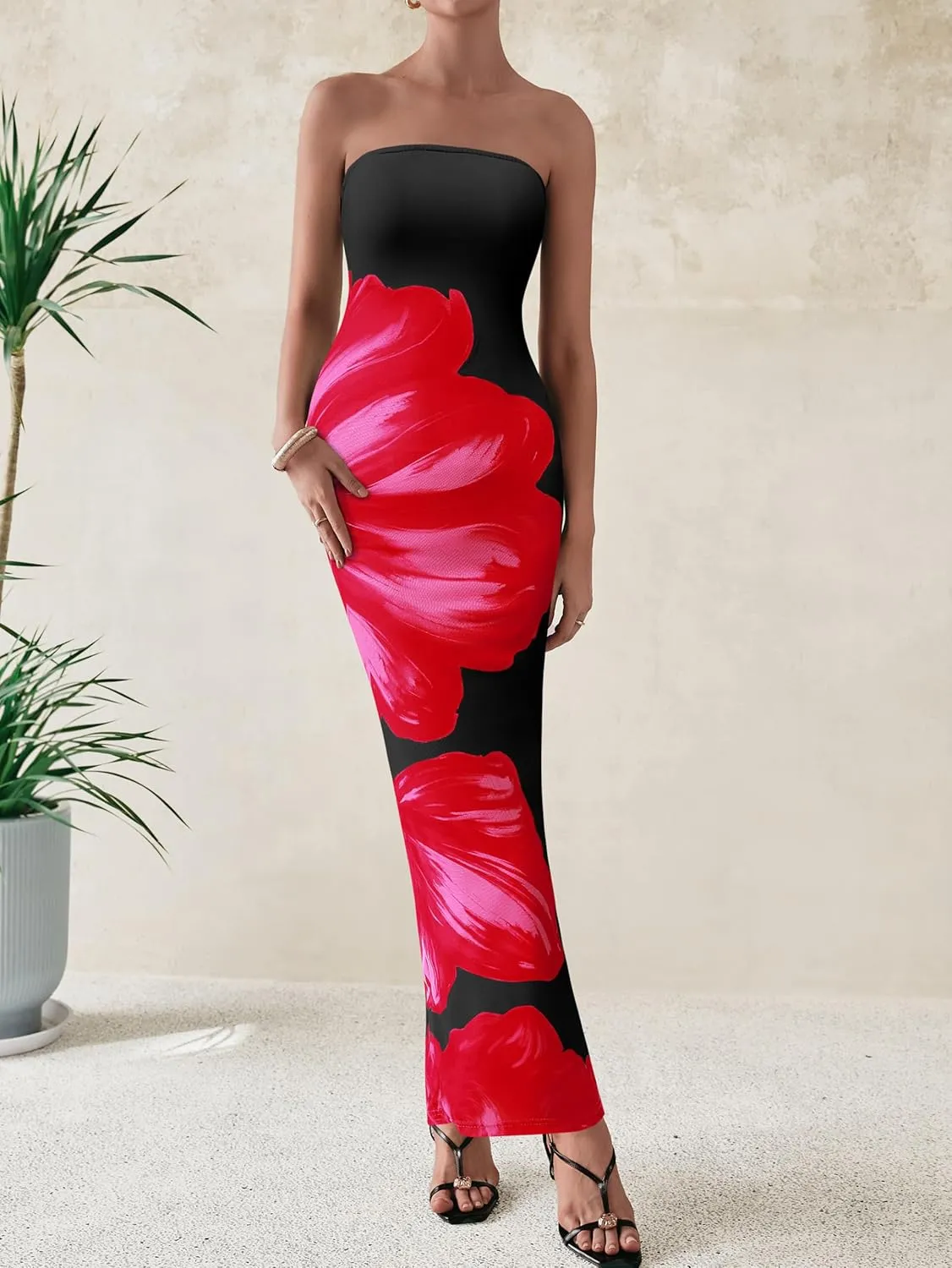 PRETTYGARDEN Women Summer Strapless Maxi Dress Bodycon Floral Sexy Long Wedding Guest Dress Formal Tube Mesh Cocktail Dresses
