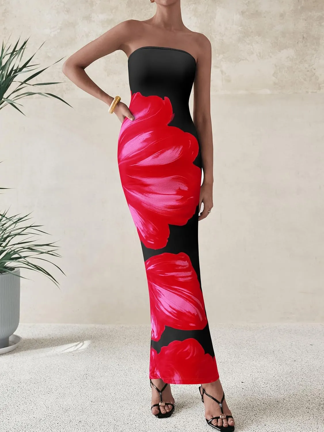 PRETTYGARDEN Women Summer Strapless Maxi Dress Bodycon Floral Sexy Long Wedding Guest Dress Formal Tube Mesh Cocktail Dresses