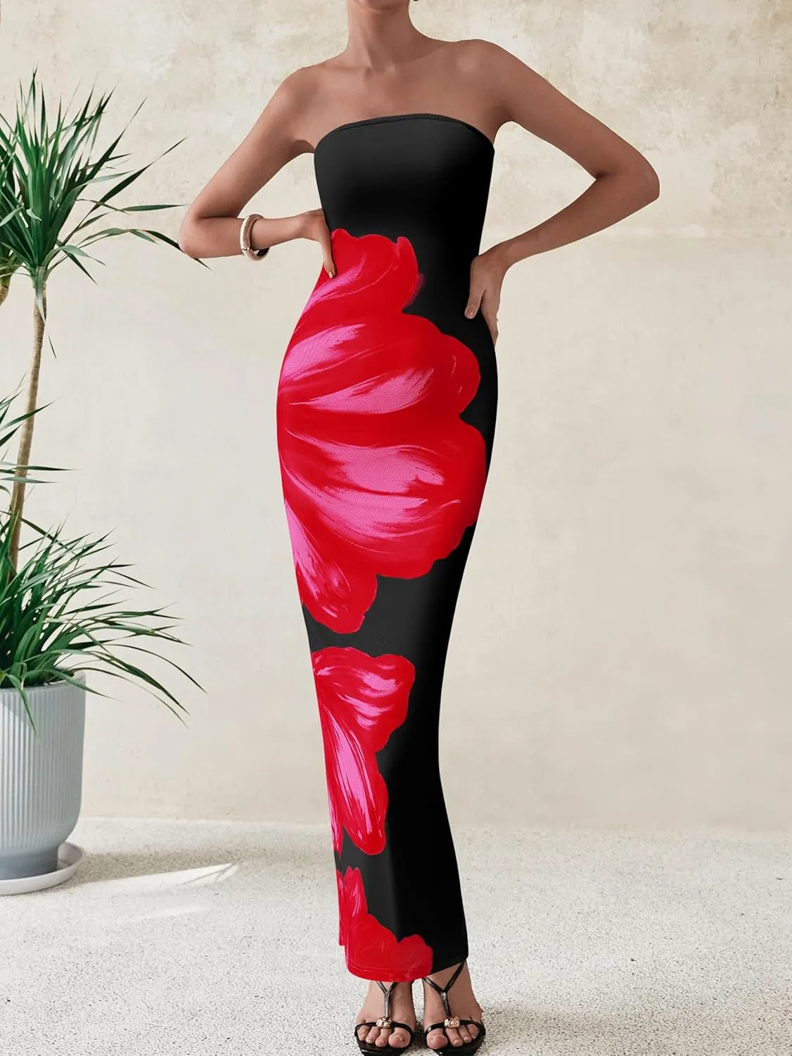 PRETTYGARDEN Women Summer Strapless Maxi Dress Bodycon Floral Sexy Long Wedding Guest Dress Formal Tube Mesh Cocktail Dresses