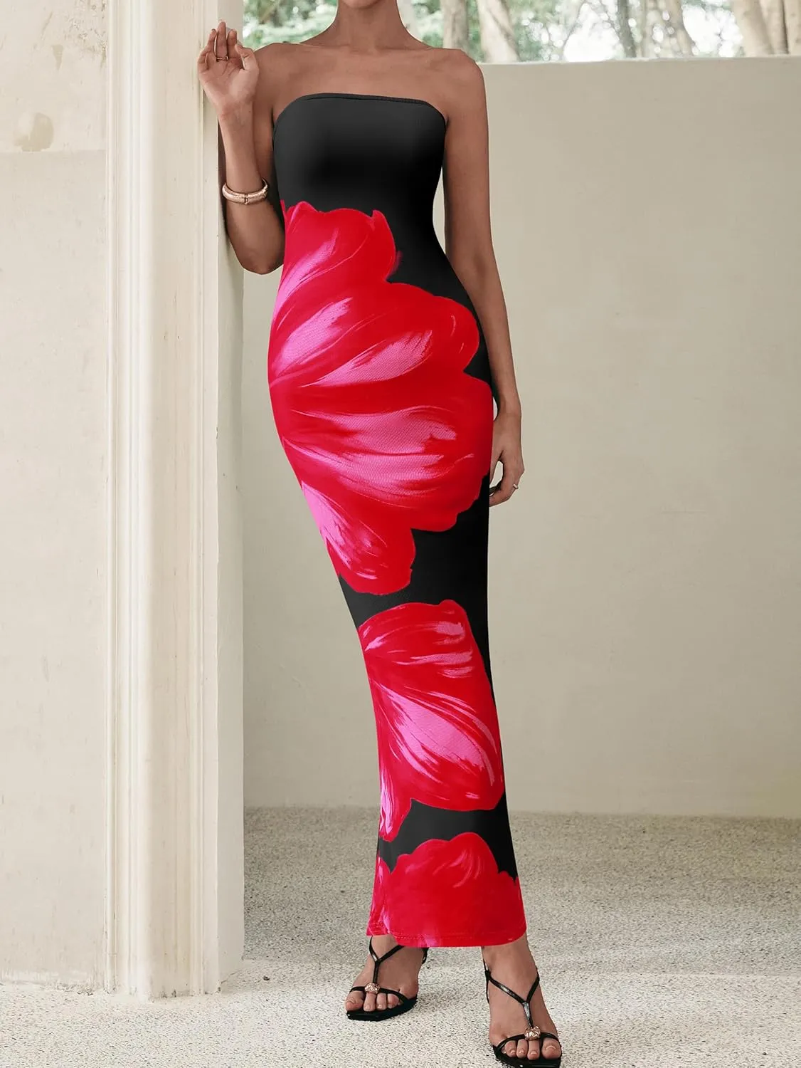 PRETTYGARDEN Women Summer Strapless Maxi Dress Bodycon Floral Sexy Long Wedding Guest Dress Formal Tube Mesh Cocktail Dresses