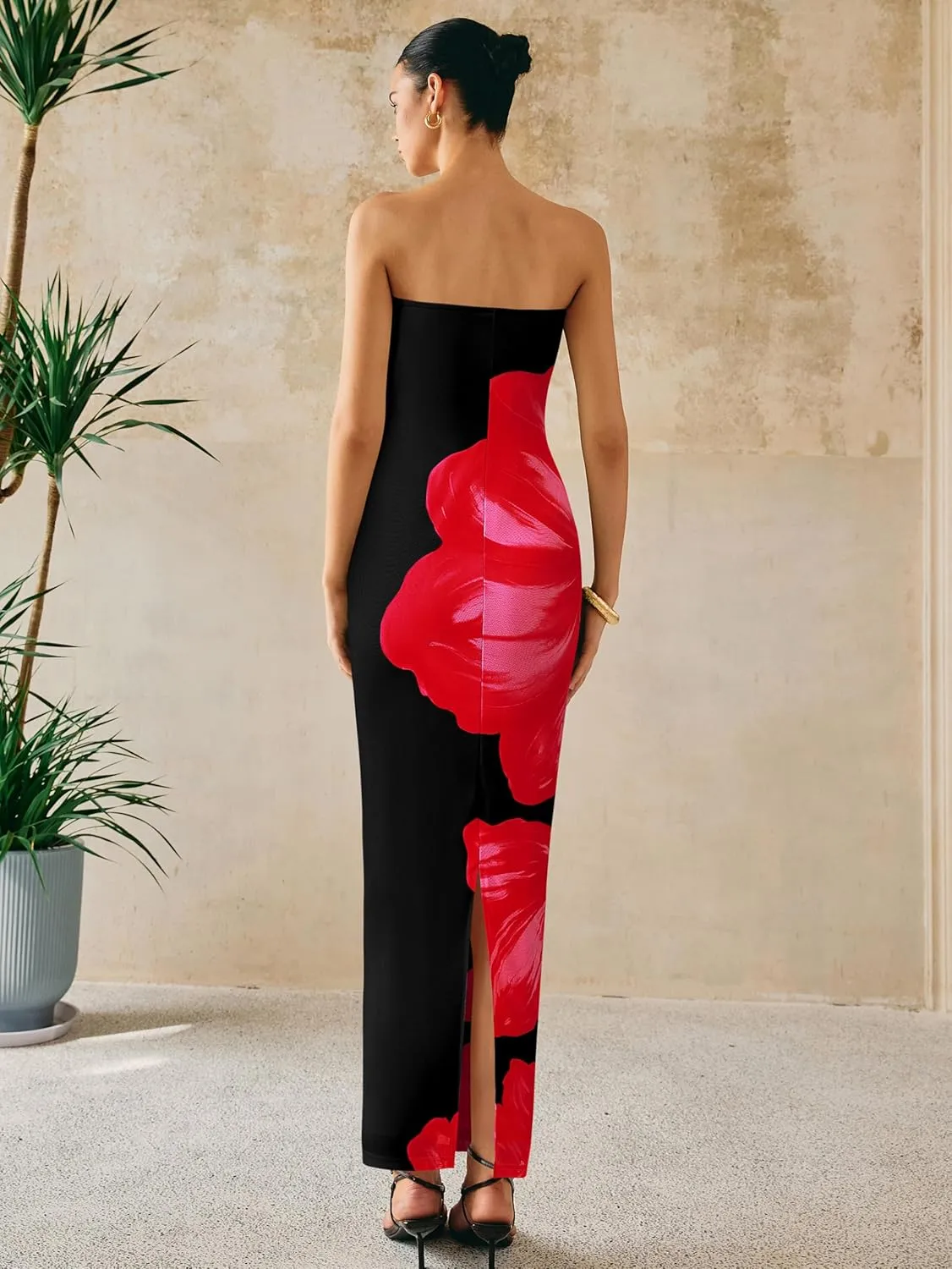 PRETTYGARDEN Women Summer Strapless Maxi Dress Bodycon Floral Sexy Long Wedding Guest Dress Formal Tube Mesh Cocktail Dresses