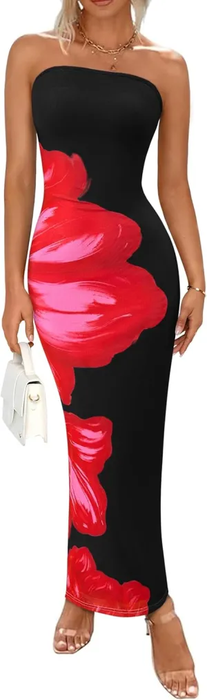 PRETTYGARDEN Women Summer Strapless Maxi Dress Bodycon Floral Sexy Long Wedding Guest Dress Formal Tube Mesh Cocktail Dresses