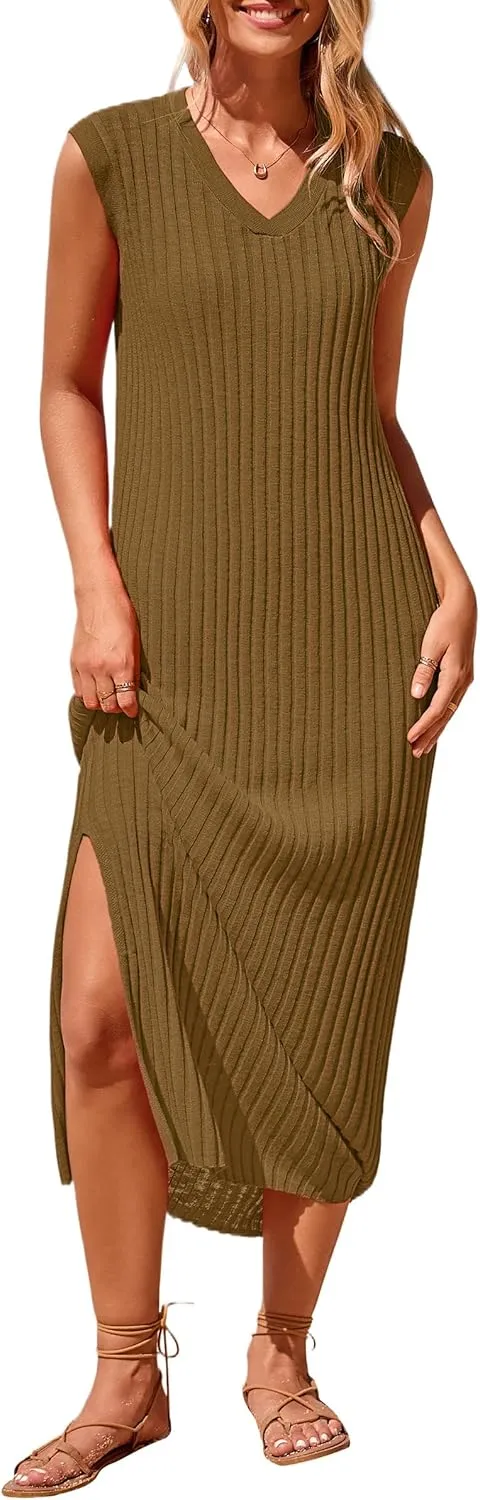 PRETTYGARDEN Women's 2025 Summer Casual Maxi Dresses Ribbed Knit Sleeveless V Neck 2 Piece Outfits with Slip Under Dress