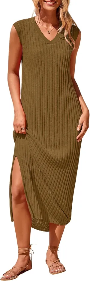 PRETTYGARDEN Women's 2025 Summer Casual Maxi Dresses Ribbed Knit Sleeveless V Neck 2 Piece Outfits with Slip Under Dress