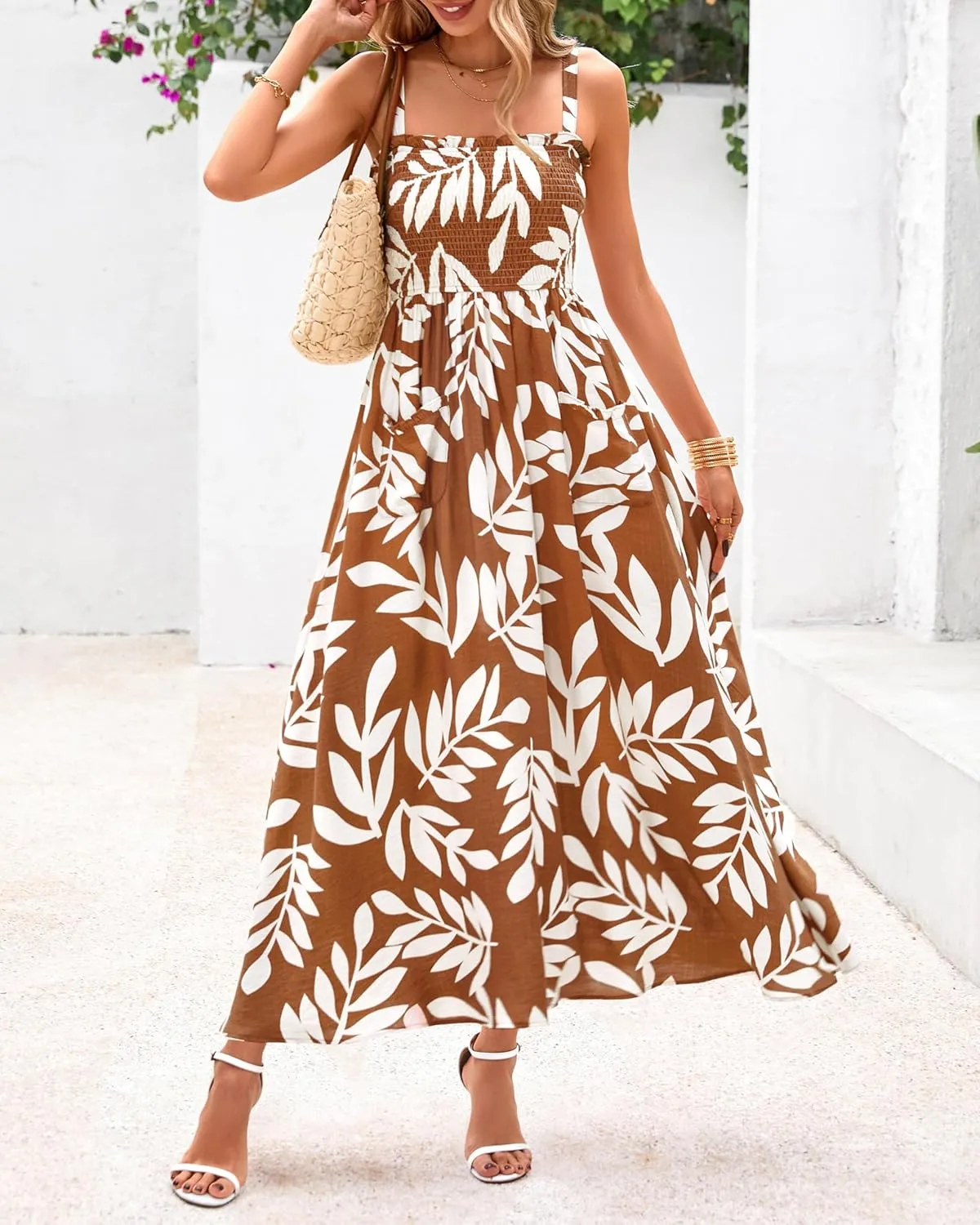 PRETTYGARDEN Womens Summer Dresses 2025 Casual Spaghetti Strap Ruffle Smocked Flowy Floral Print Maxi Dress with Pockets
