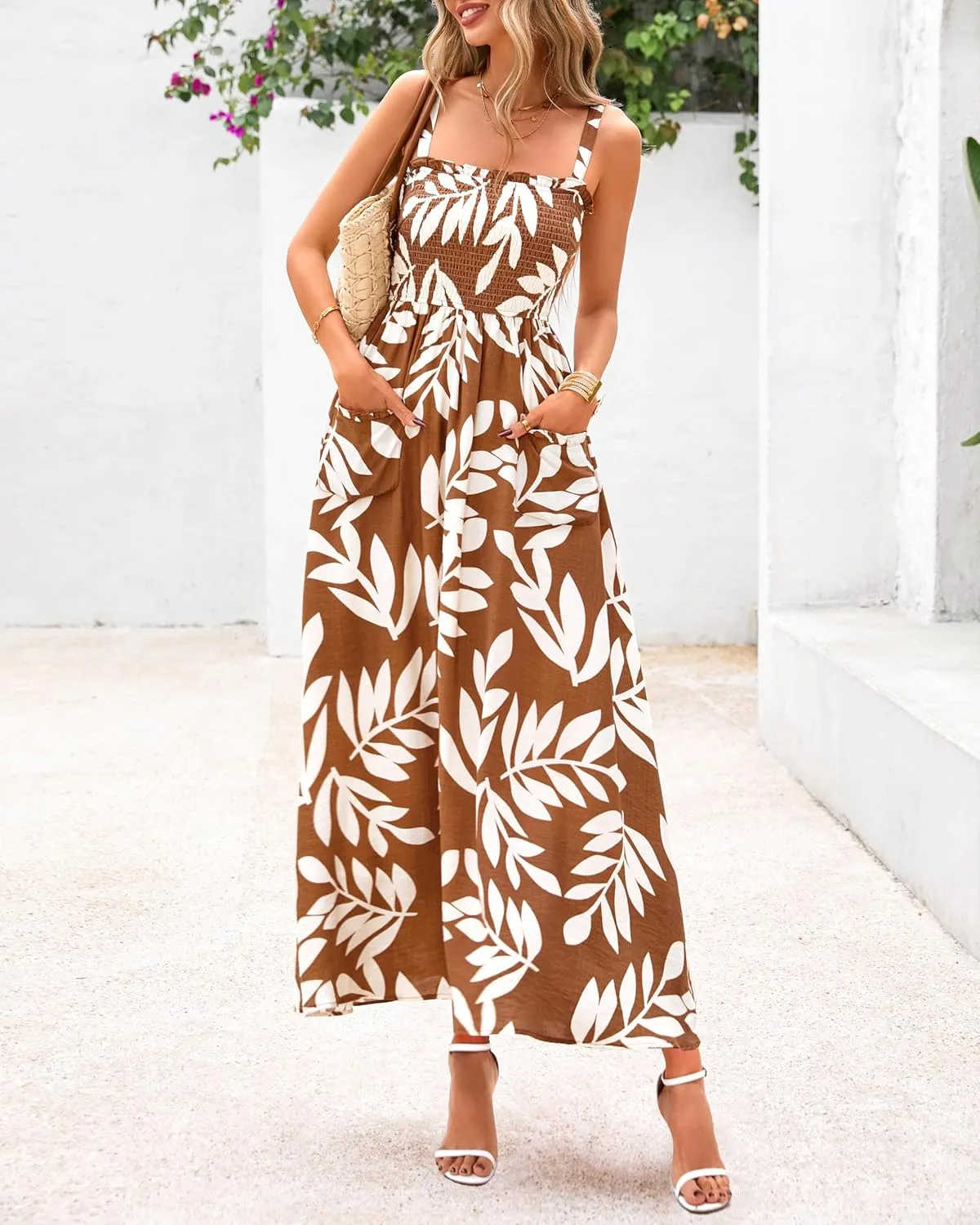 PRETTYGARDEN Womens Summer Dresses 2025 Casual Spaghetti Strap Ruffle Smocked Flowy Floral Print Maxi Dress with Pockets