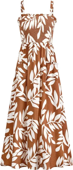 PRETTYGARDEN Womens Summer Dresses 2025 Casual Spaghetti Strap Ruffle Smocked Flowy Floral Print Maxi Dress with Pockets