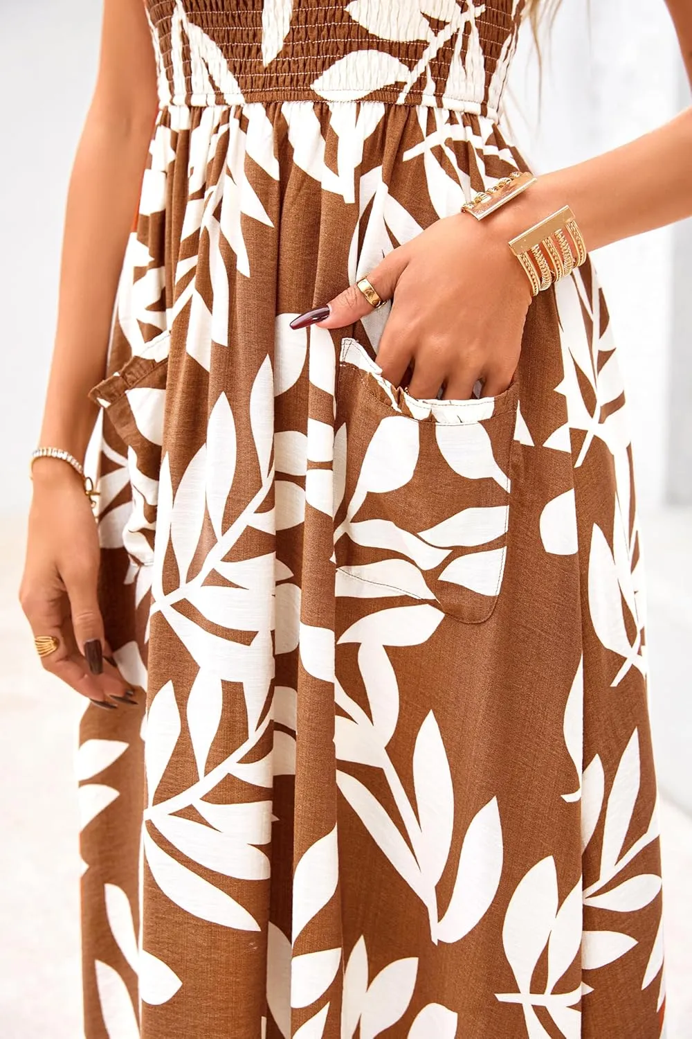 PRETTYGARDEN Womens Summer Dresses 2025 Casual Spaghetti Strap Ruffle Smocked Flowy Floral Print Maxi Dress with Pockets