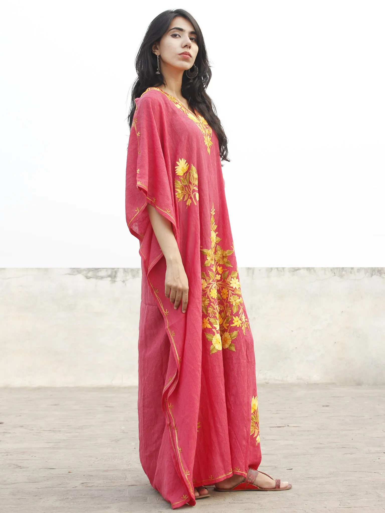 Punch Pink With Golden Yellow  Aari Embroidered Long Kashmere Free Size Kaftan in Crushed Cotton - K11K008