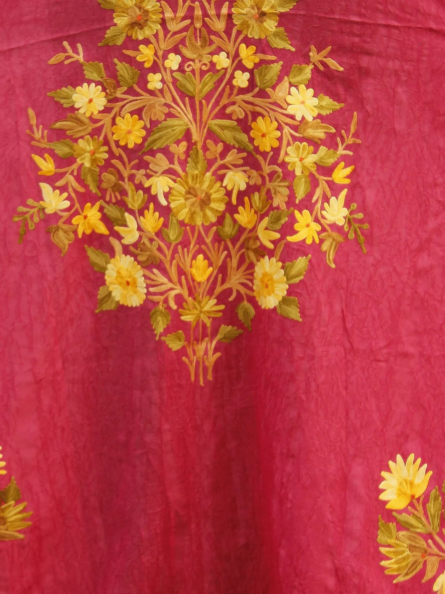 Punch Pink With Golden Yellow  Aari Embroidered Long Kashmere Free Size Kaftan in Crushed Cotton - K11K008