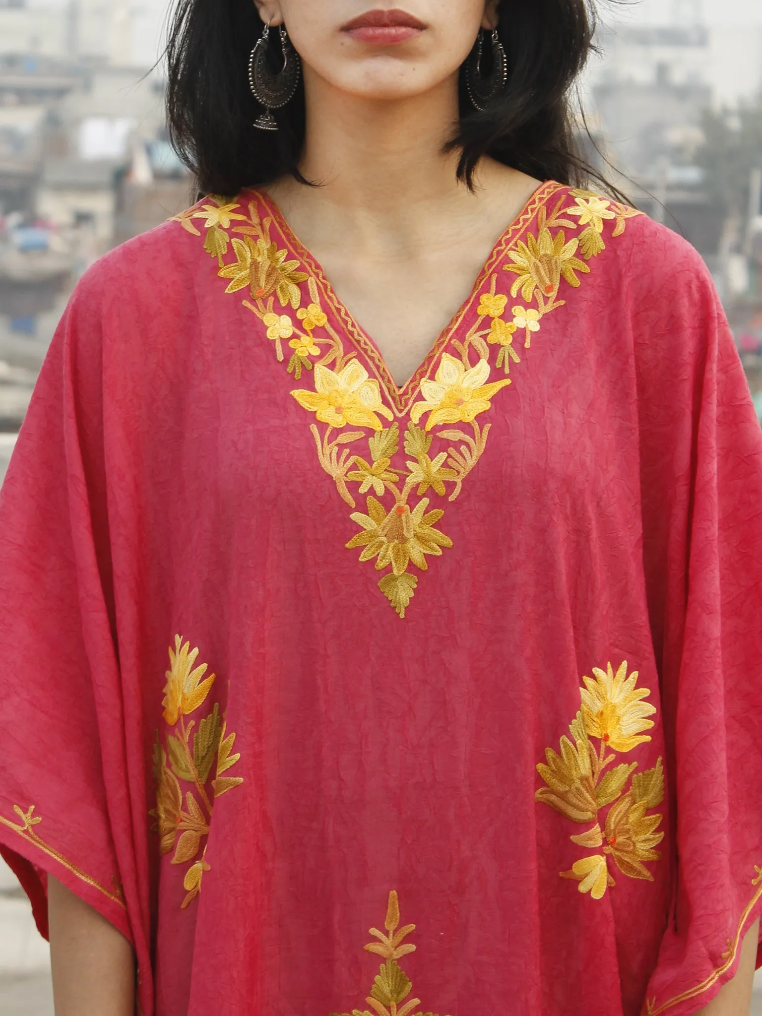 Punch Pink With Golden Yellow  Aari Embroidered Long Kashmere Free Size Kaftan in Crushed Cotton - K11K008