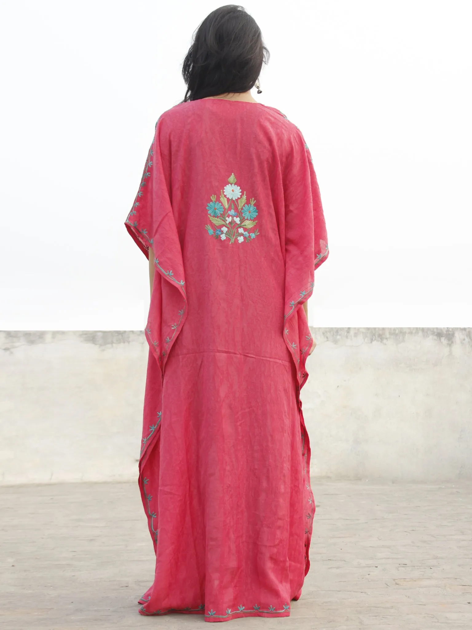 Punch Pink With Sky Blue Aari Embroidered Long Kashmere Free Size Kaftan in Crushed Cotton - K11K010