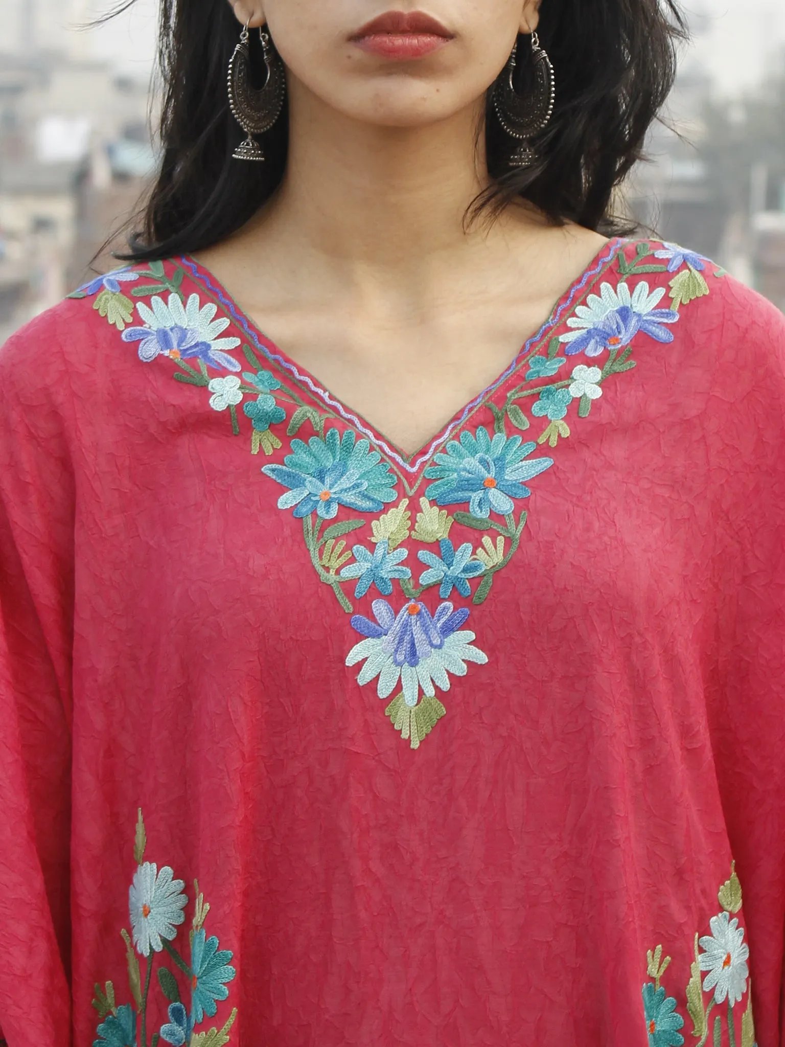 Punch Pink With Sky Blue Aari Embroidered Long Kashmere Free Size Kaftan in Crushed Cotton - K11K010