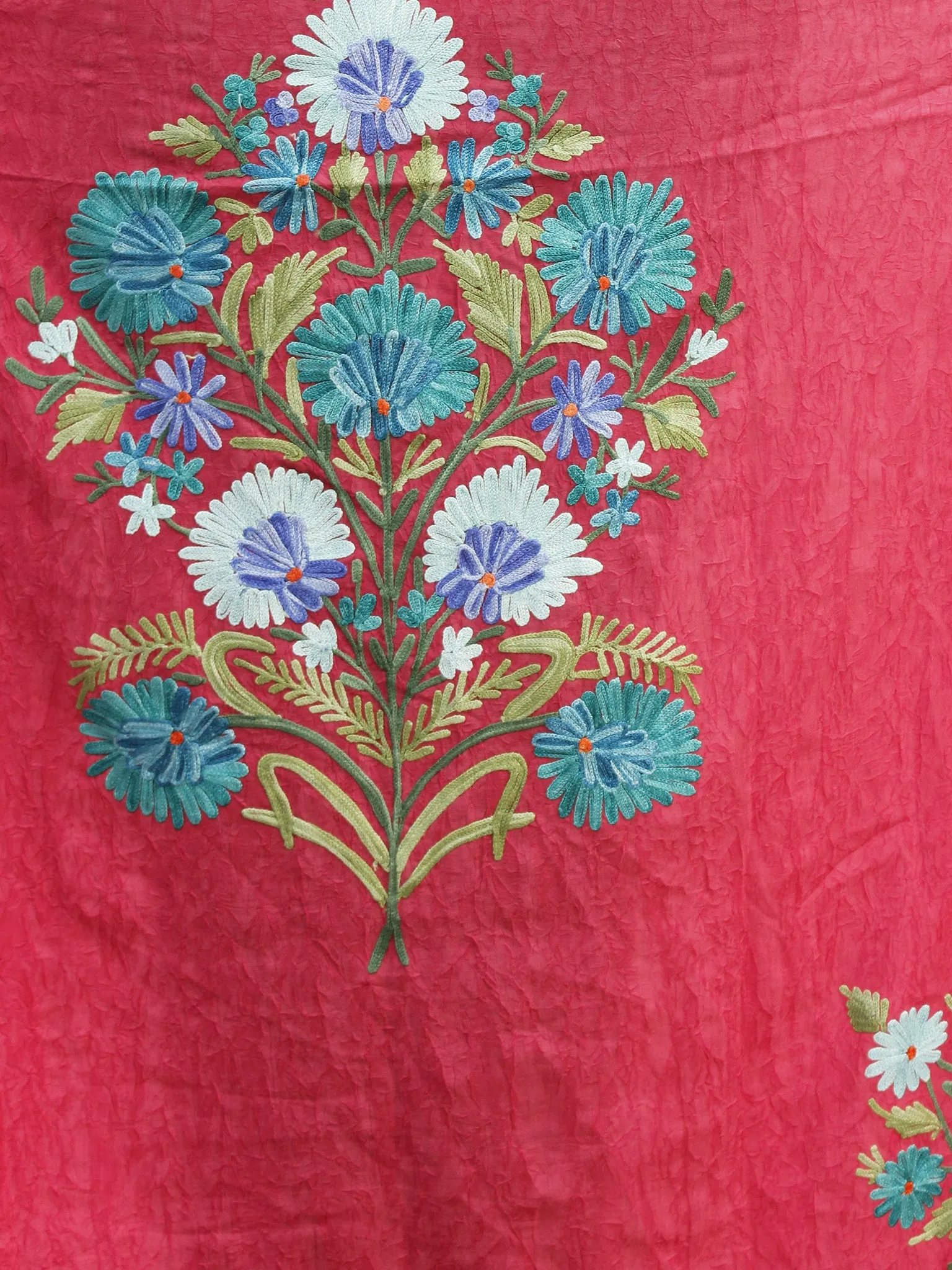 Punch Pink With Sky Blue Aari Embroidered Long Kashmere Free Size Kaftan in Crushed Cotton - K11K010