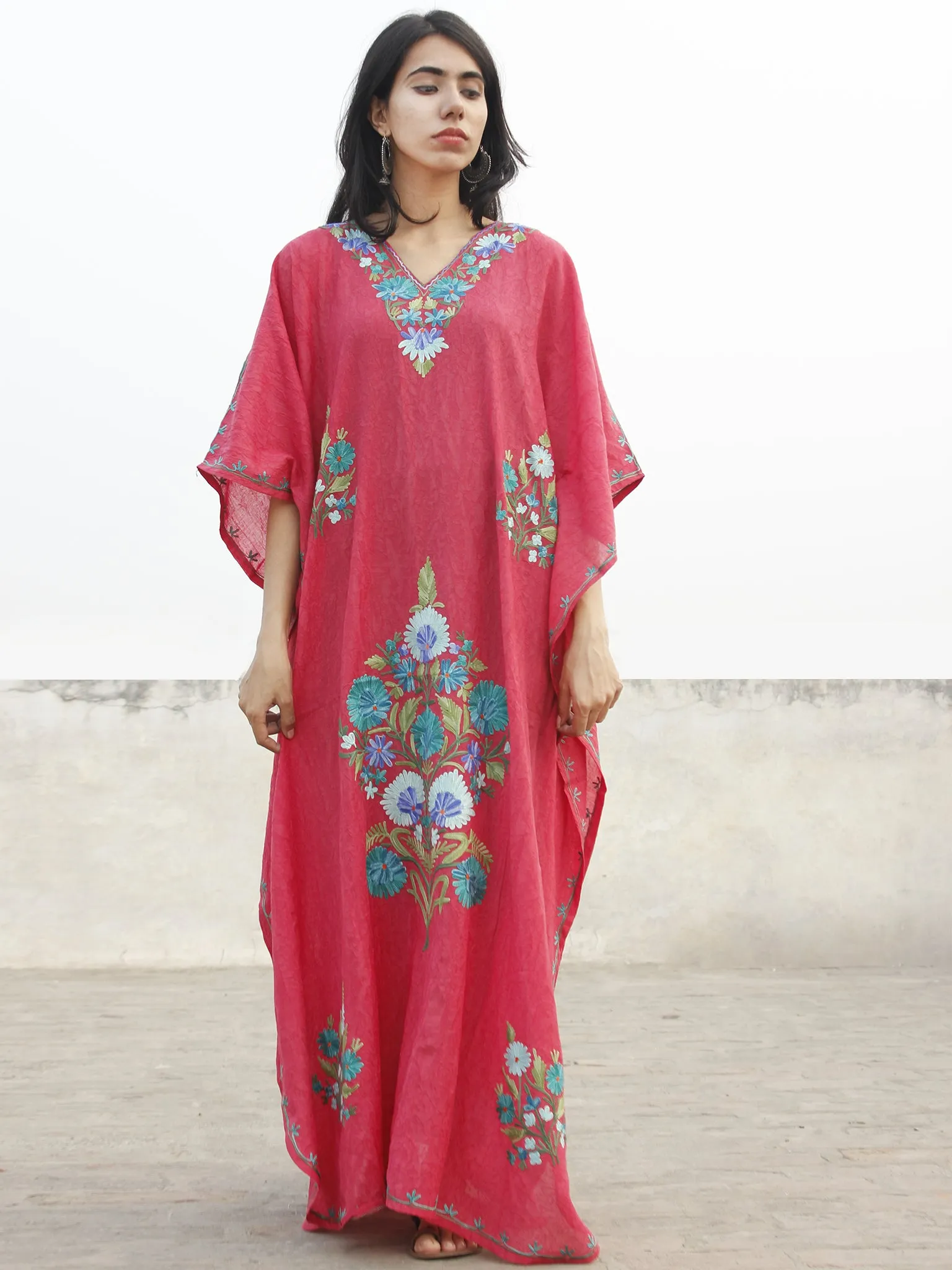 Punch Pink With Sky Blue Aari Embroidered Long Kashmere Free Size Kaftan in Crushed Cotton - K11K010