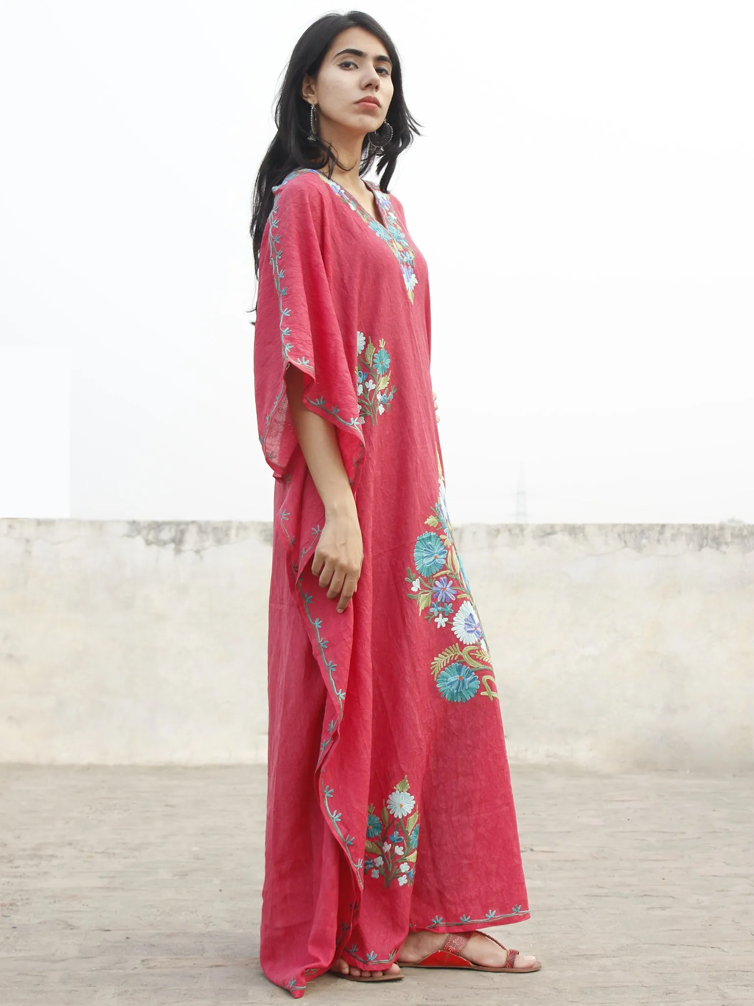 Punch Pink With Sky Blue Aari Embroidered Long Kashmere Free Size Kaftan in Crushed Cotton - K11K010