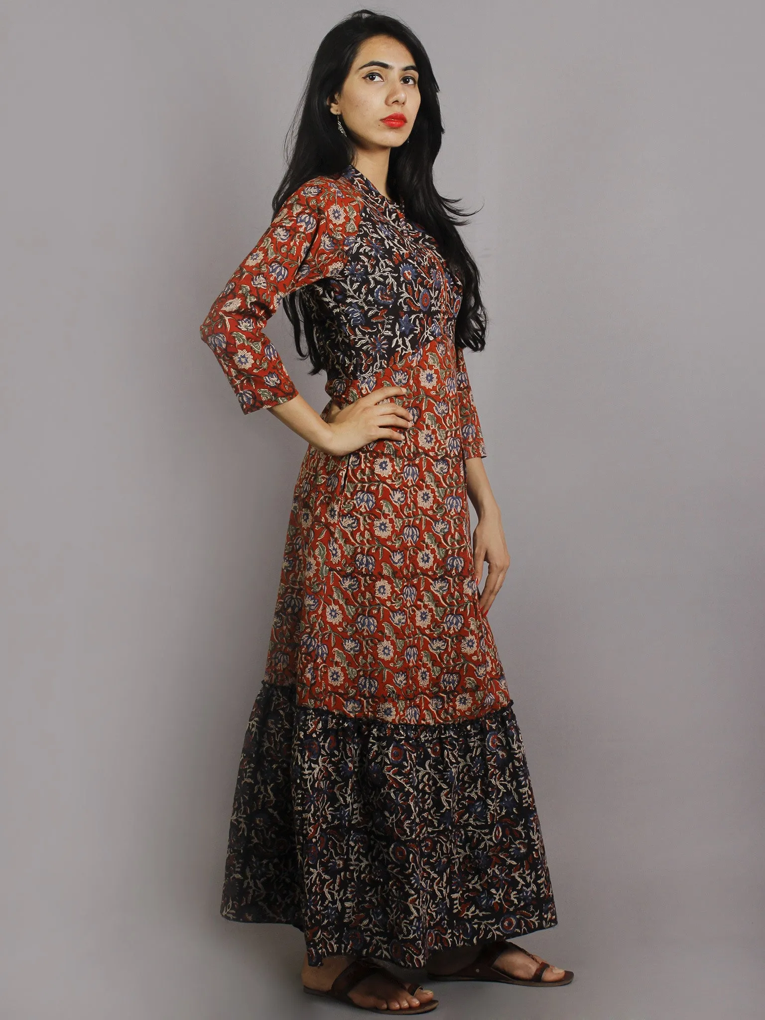 Red Black Beige Blue Green Hand Block Printed Long Cotton Dress With Mandarin Collar- D3457901