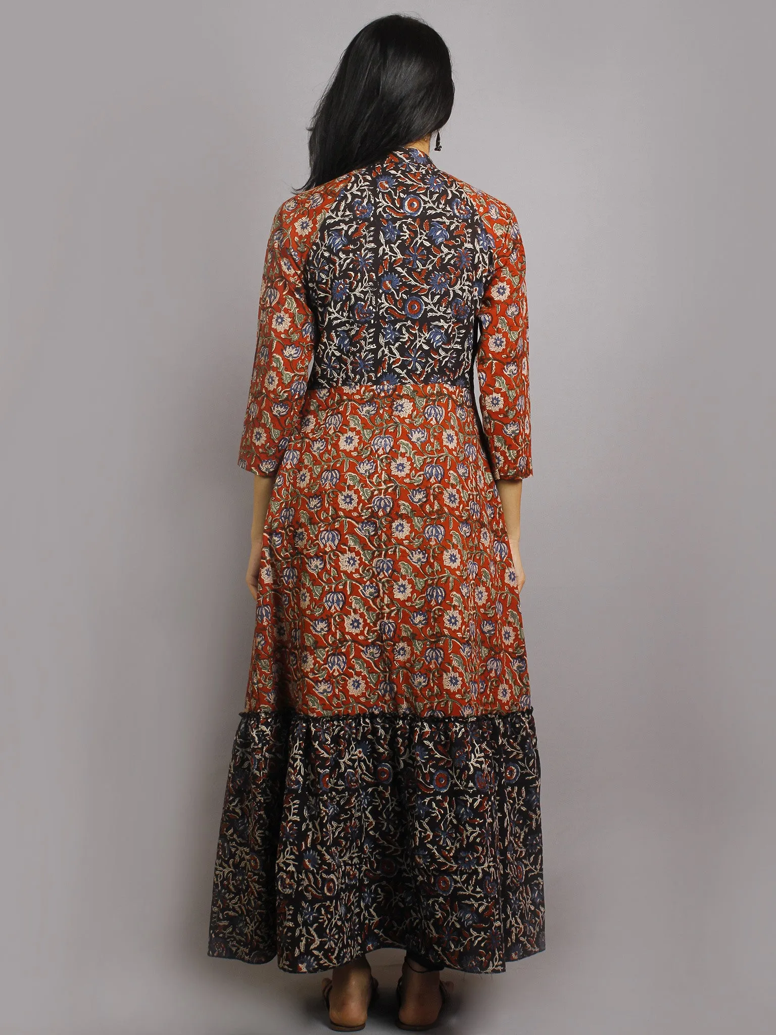 Red Black Beige Blue Green Hand Block Printed Long Cotton Dress With Mandarin Collar- D3457901