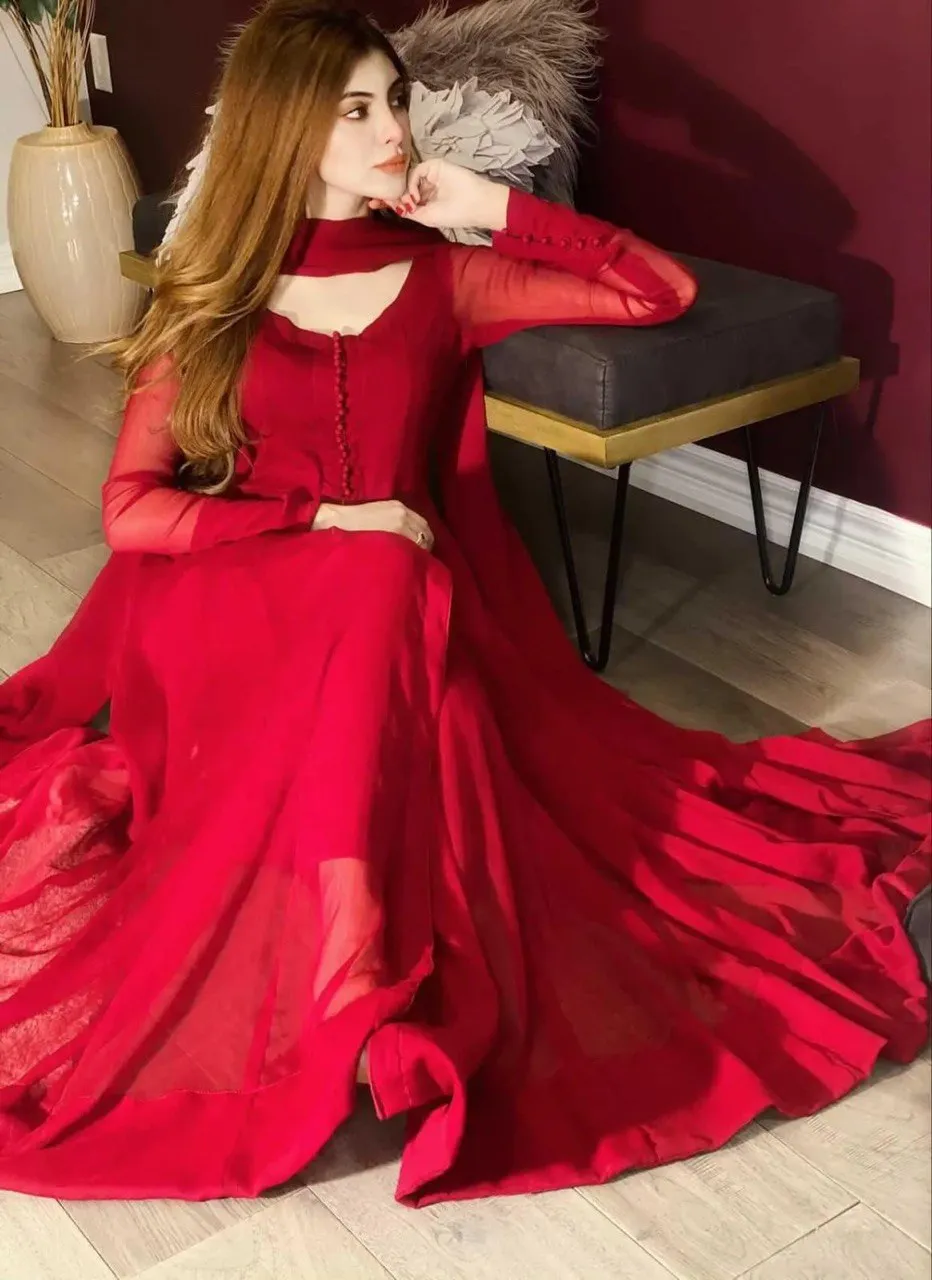 Red Elegant Georgette Silk Anarkali Suit with Modern Touch