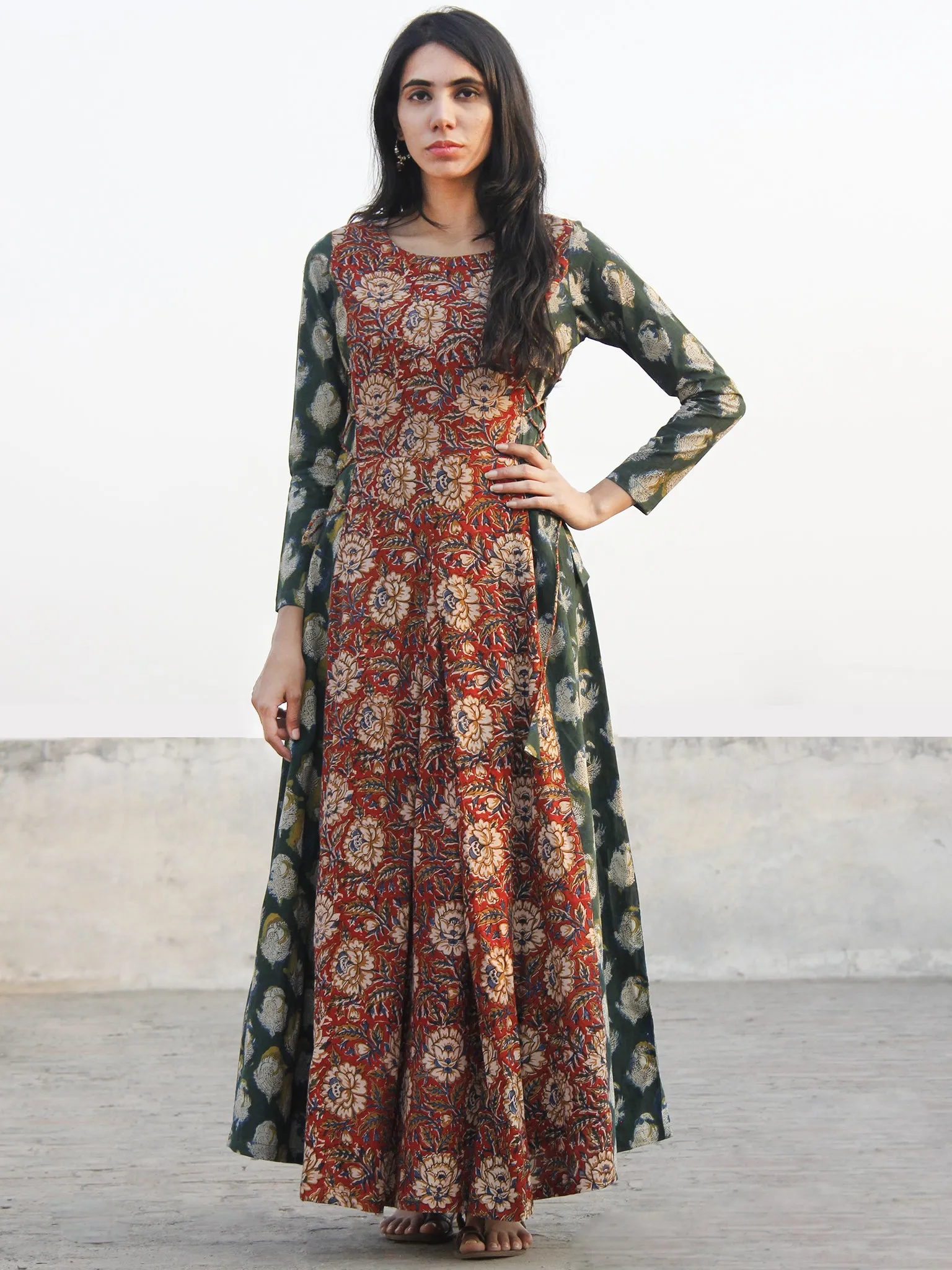 Red Green Mustard Hand Block Printed Cotton  Waist Tie Up Dress -  D176F1144