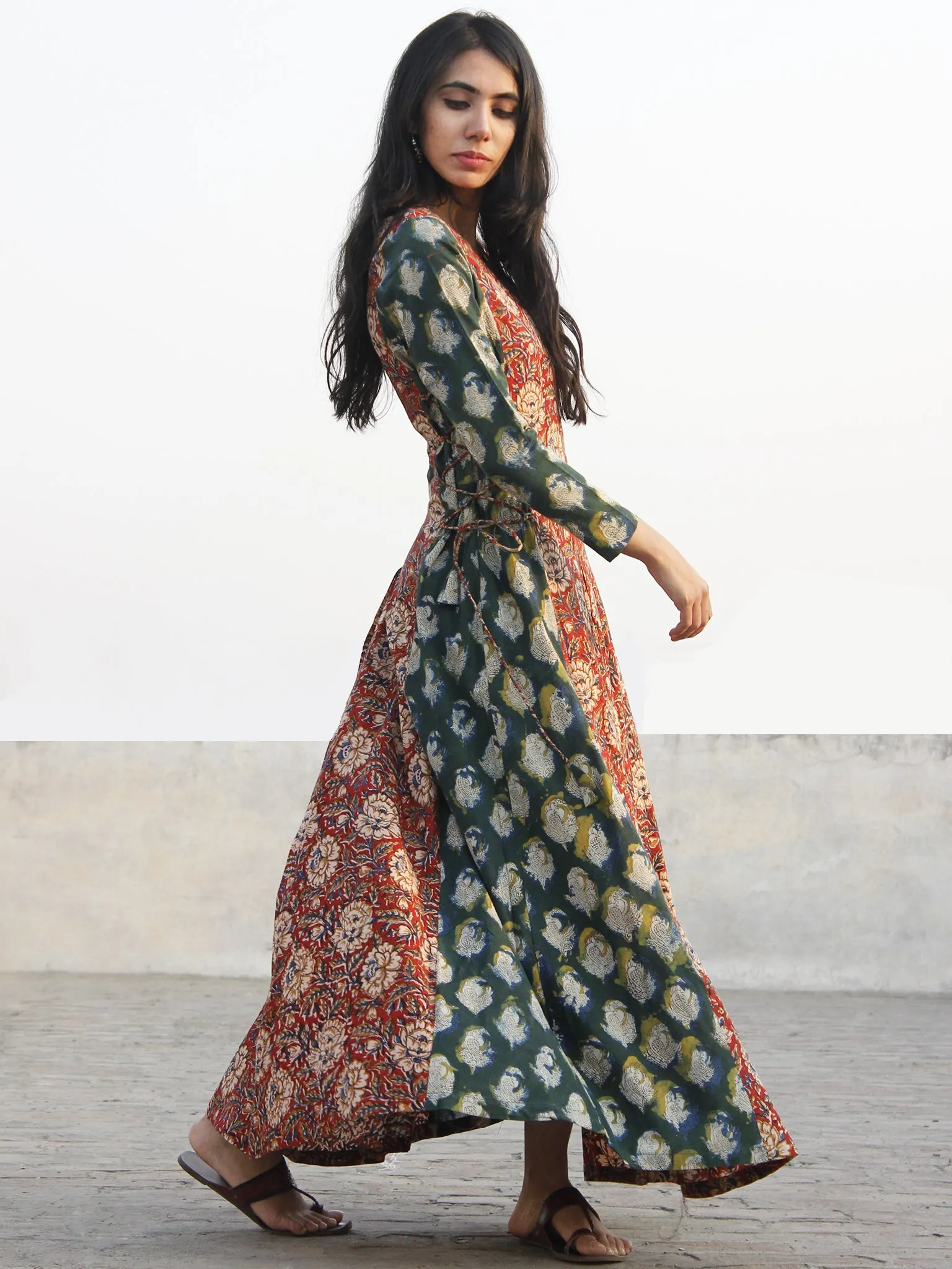 Red Green Mustard Hand Block Printed Cotton  Waist Tie Up Dress -  D176F1144